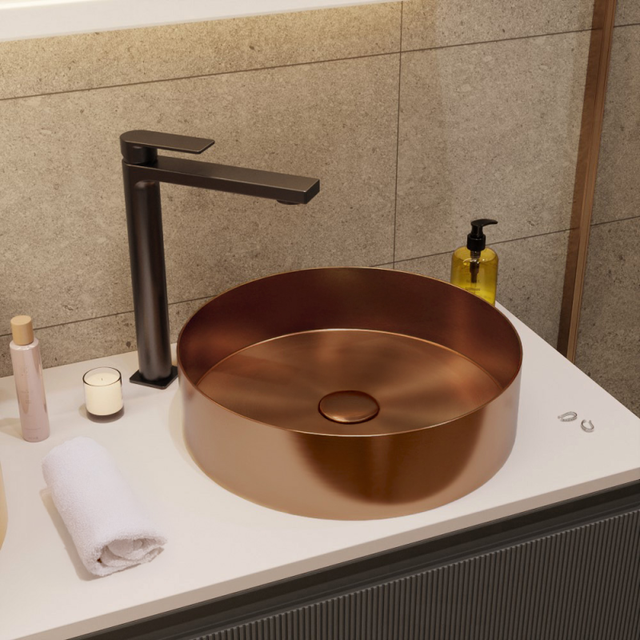 Ceramia Timeless Lavabo sobre encimera en acero inox, 38 x 38 x 11 cm, sin rebosadero + válvula, cobre cepillado (TMLW-3838BCP)