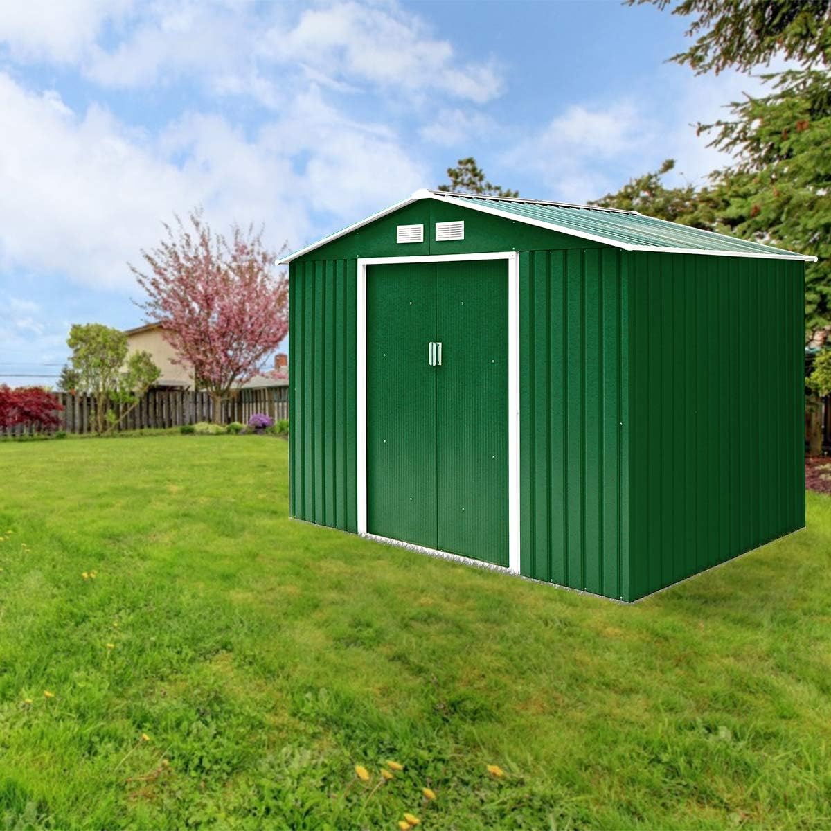2,37㎡ Abri de Jardin Métal Galvanisé avec Base, 213 x 127 x 185 cm, Cabane de Rangement à Outils avec Portes Coulissantes&Fenêtres, 4,39m³ Vert - 7