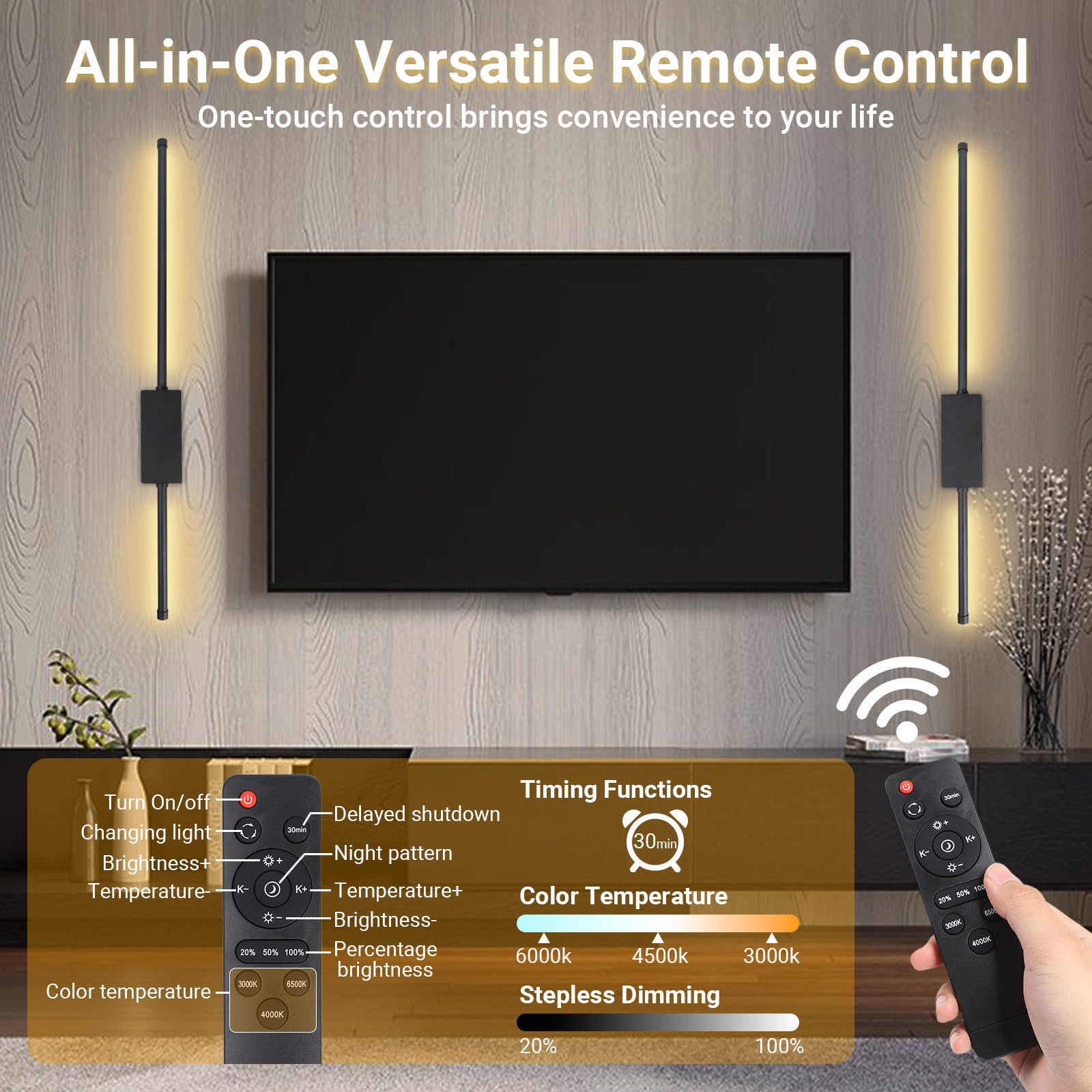 Bezprzewodowa Lampa Ścienna Wnętrz Z Pilotem I Przełącznikiem Dotykowym, 2 Pack 5000mAh LED Lampa Ścienna Ładowana USB 3 barwy światła, Timer 71CM - 4