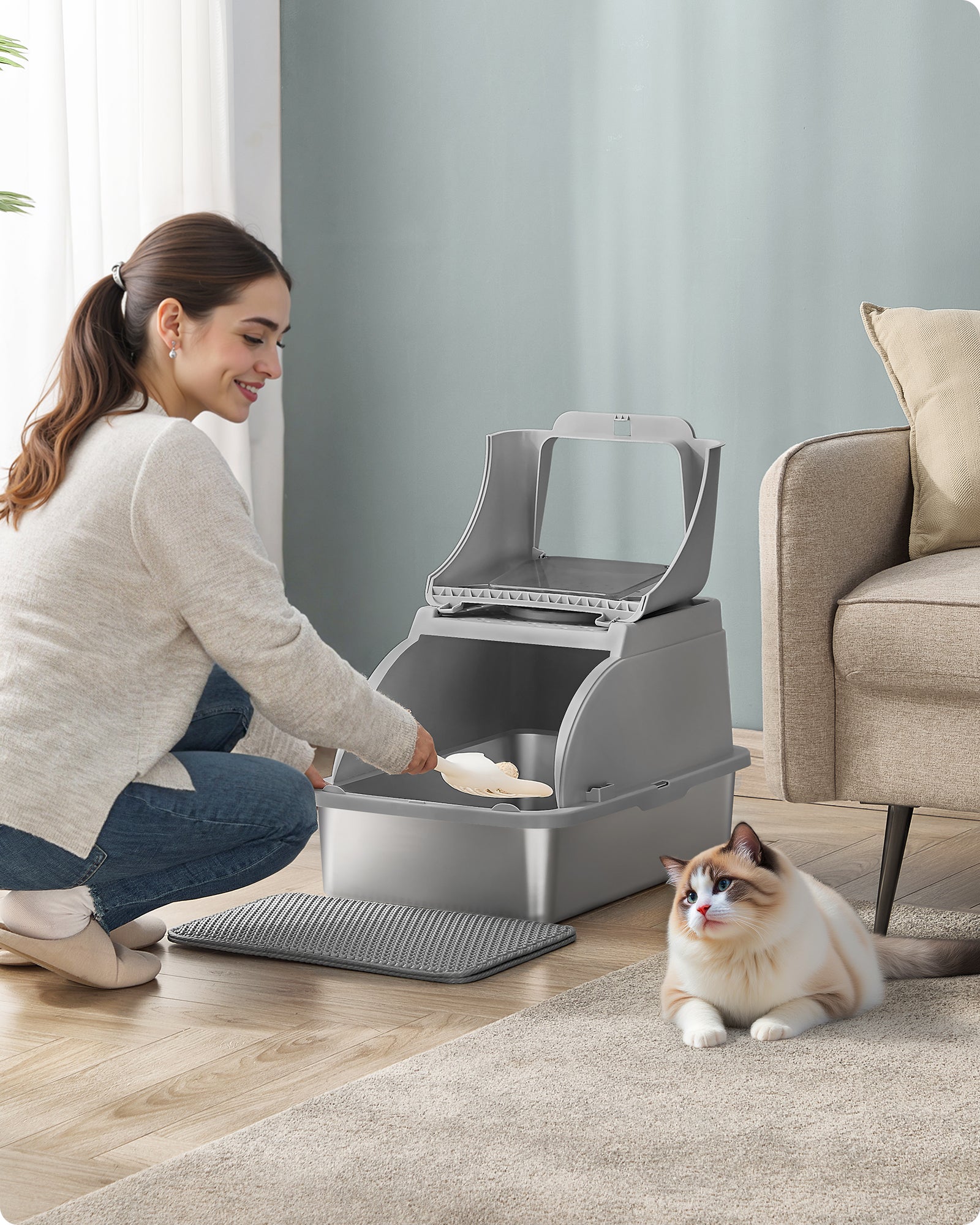 Caja De Arena Para Gatos Jumbo De Acero Inoxidable, Inodoro
