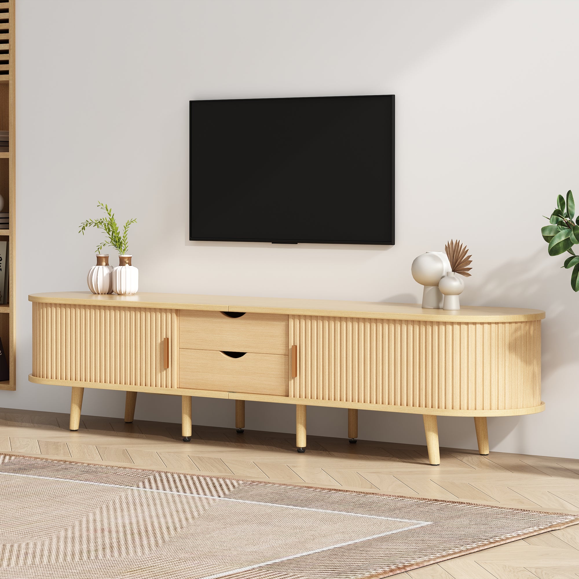 Szafka TV z szufladami i regałami - 175x40x42cm - MDF - jasna orzech - minimalistyczny design