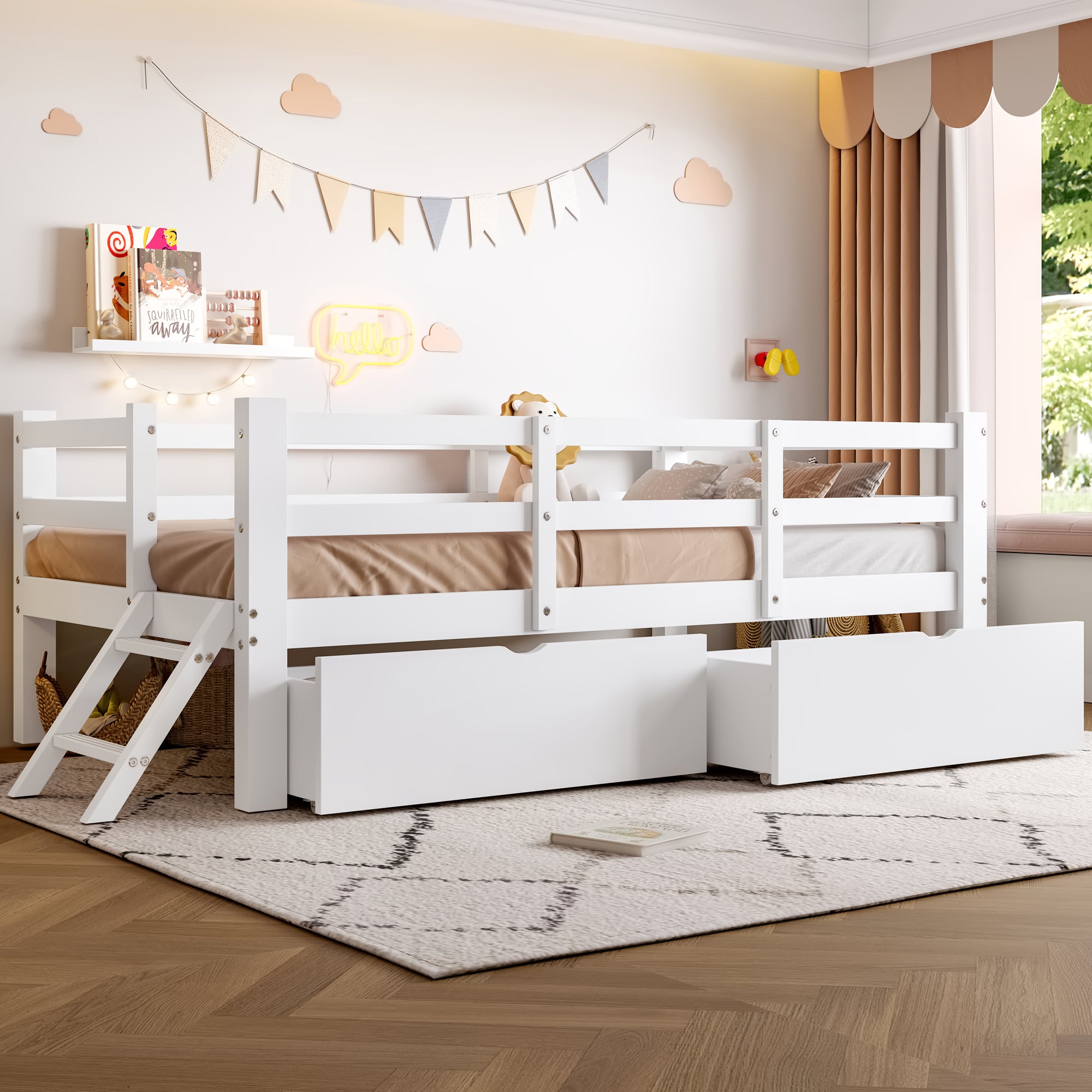 Łóżko dziecięce 90 x 200 cm z 2 szufladami, barierką i małą drabinką - MDF + sklejka - Stelaż listwowy - Biały (materac nie jest wliczony w cenę)