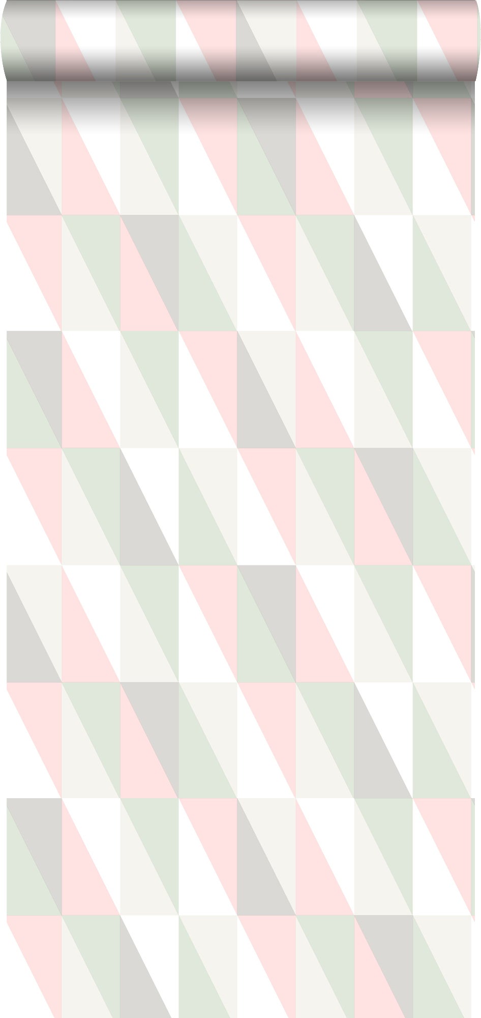 Tapeta graficzne trójkąty geometryczne zielonym,różowymIszarym - 53 cm x 10.05 m - WALLS4YOU