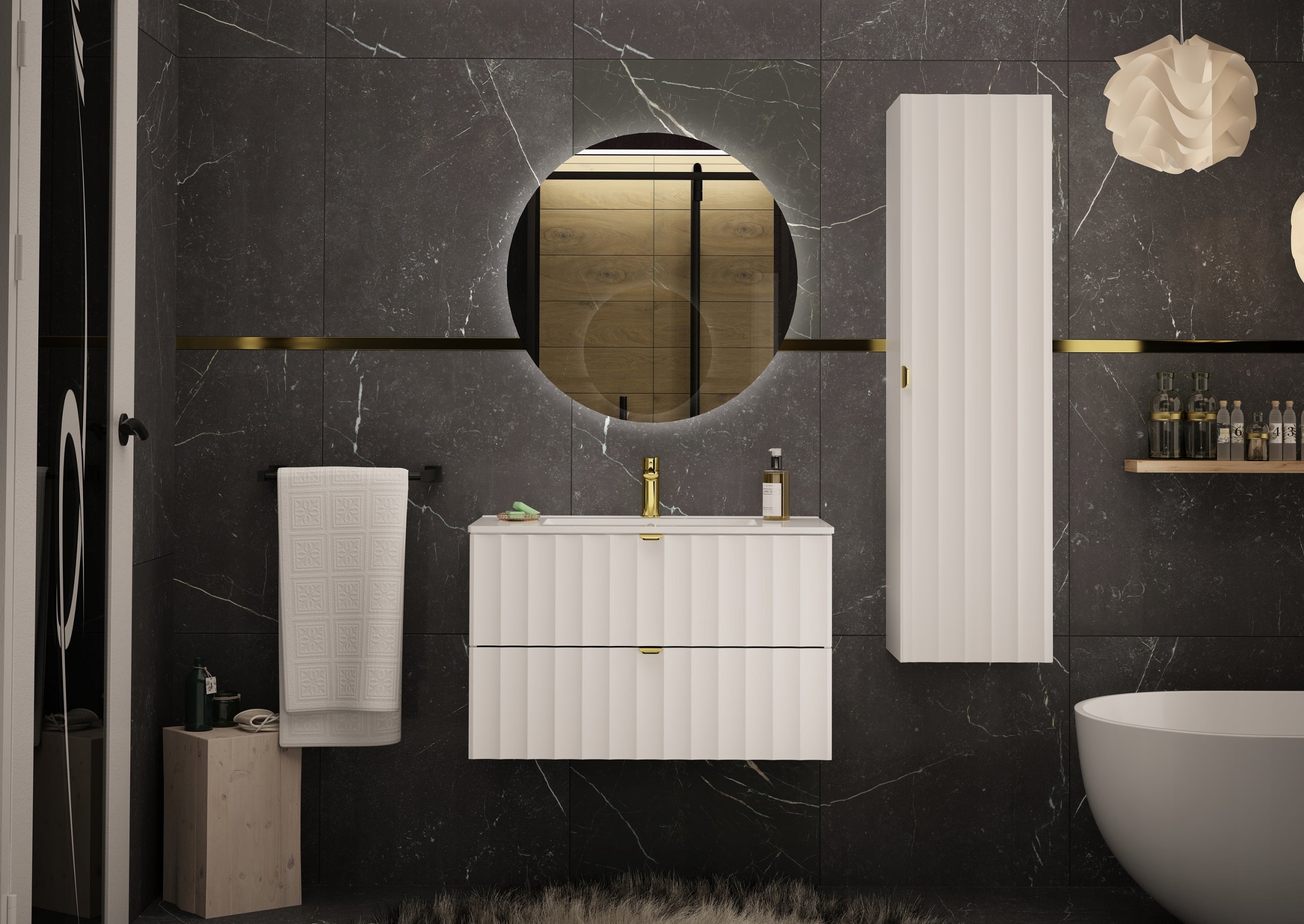 Słupek łazienkowy ARCOS 35 cm biały ryflowany wiszący złoty uchwyt - 6