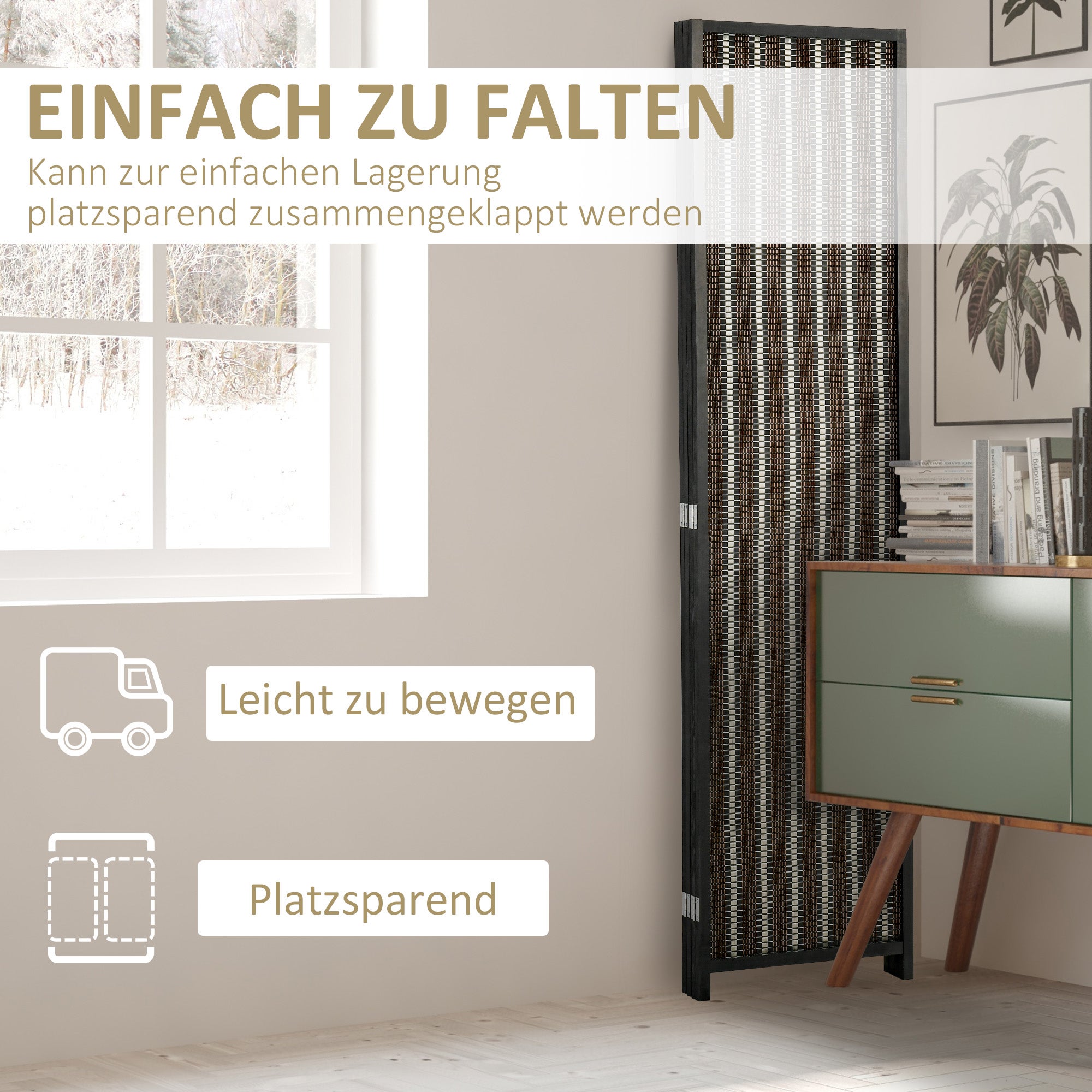 Paravent pliable en pin et bambou,180x180cm,marron et noir. - 7