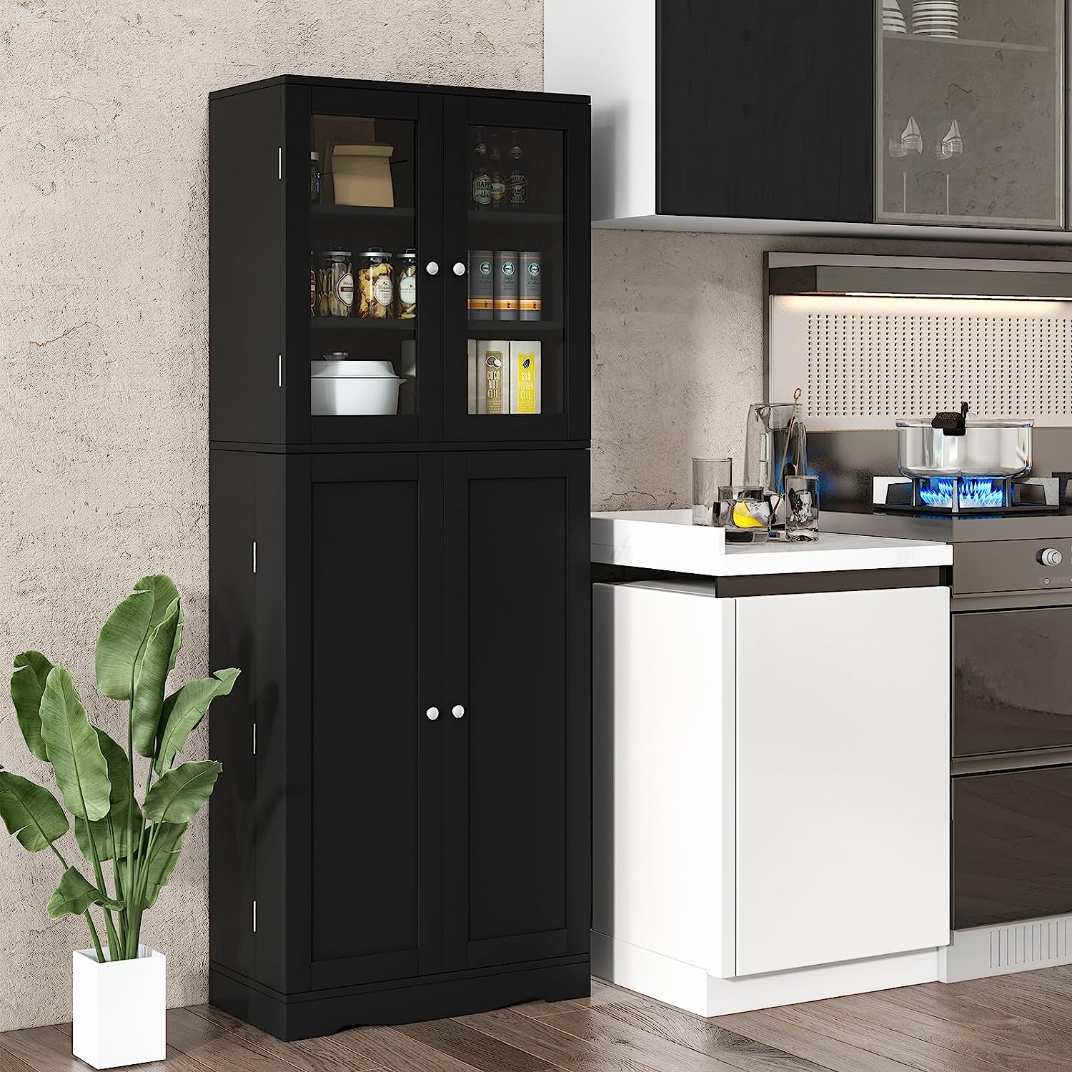 Credenza da Cucina, Dispensa da Cucina con Doppia Porta in Vetro Temperato, Design Antiribaltamento, Ideale per Soggiorno Sala da Pranzo e Cuc - 2