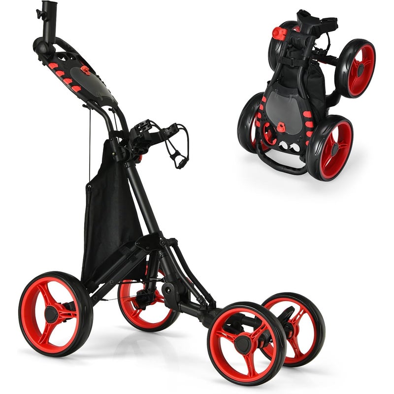 Składany Wózek Golfowy z 4 Kołami, Regulowaną Rączką 150-190 cm, Hamulcem Nożnym, Torbą Termoizolacyjną, Uchwytem na Parasol, 110 x 100 x 65 cm