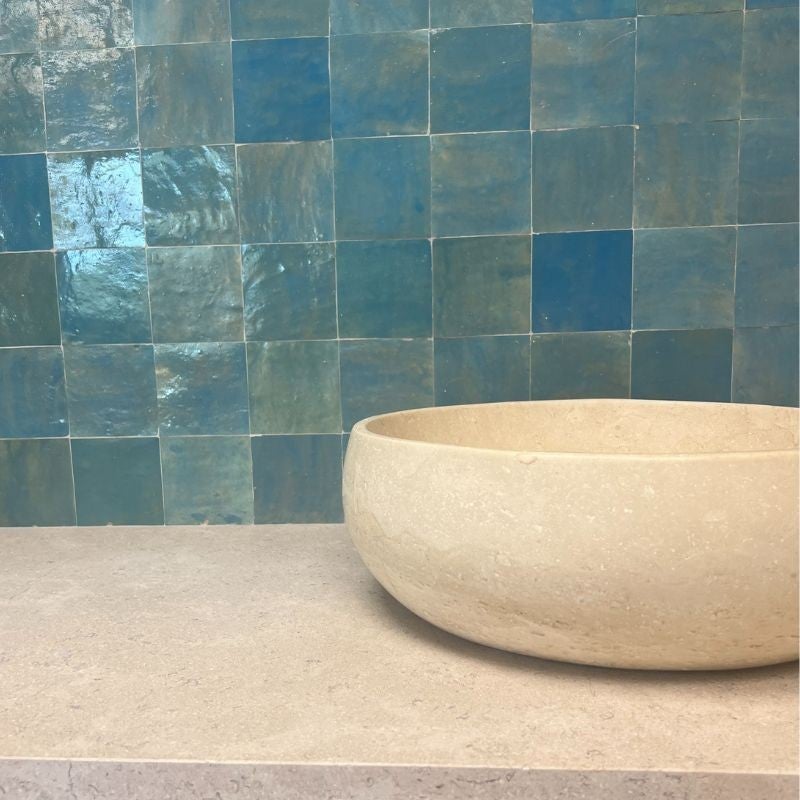 Vasque à poser ronde en pierre naturelle Travertin Beige 46x17 cm - 3