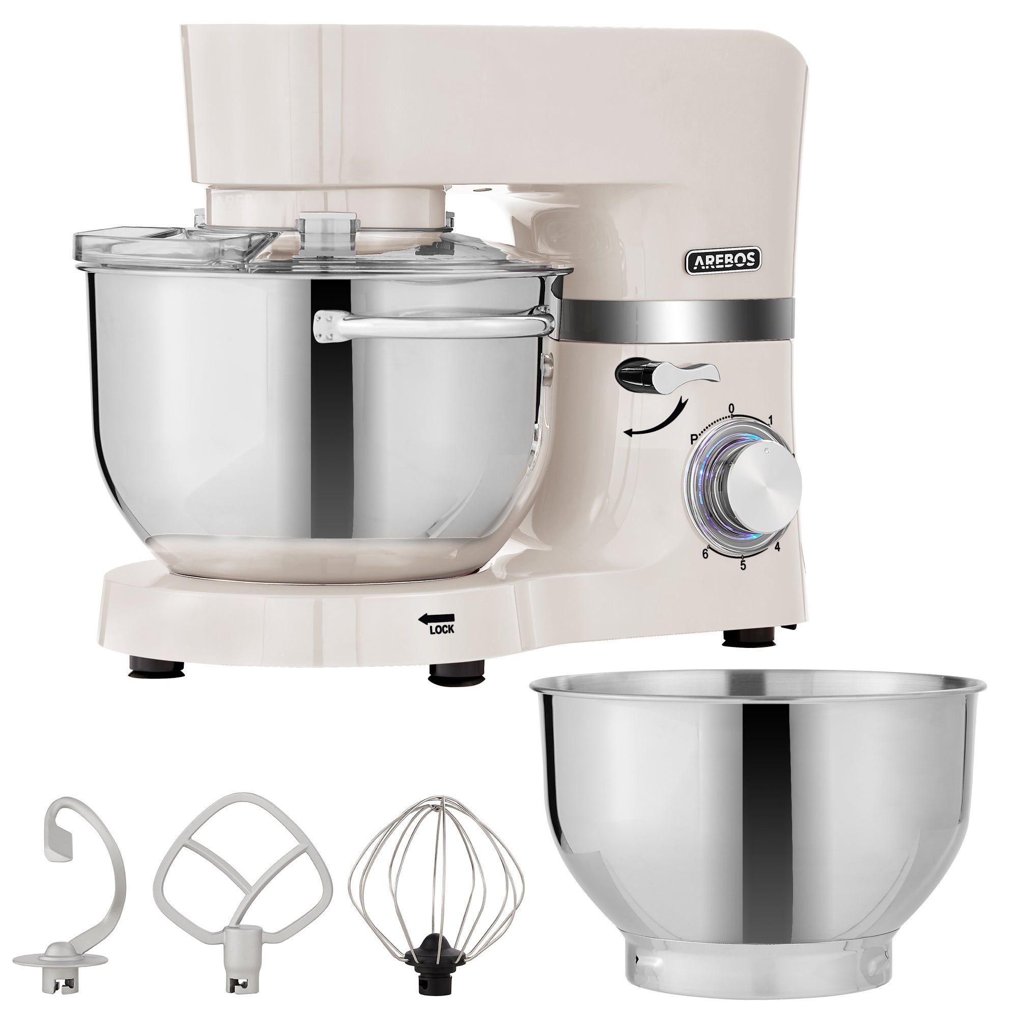 Robot De Cuisine Arebos 1500W Crème - Pétrin 2 Bols Inox 4,5L & 5,5L - 6 Vitesses