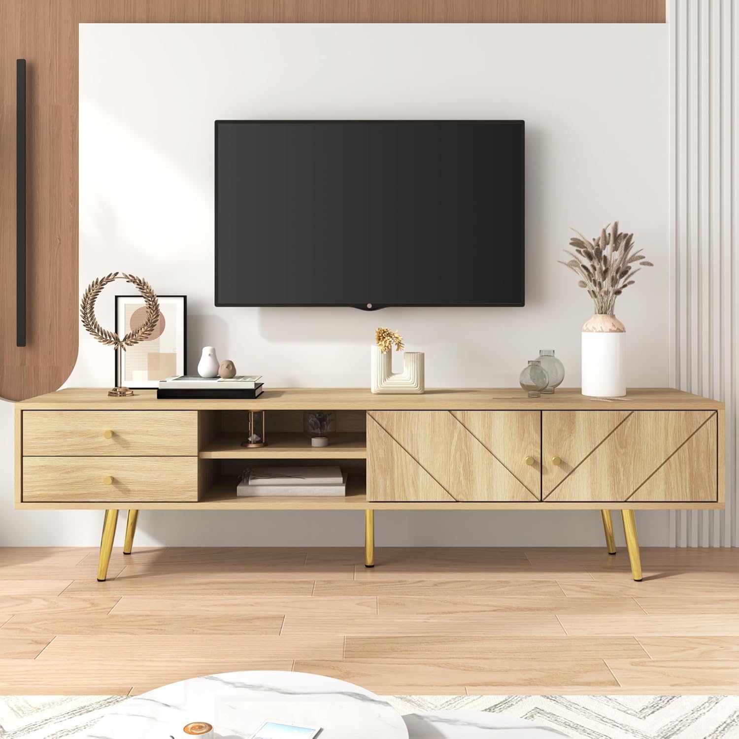Meuble TV Blanc Brillant 160 Cm KOMHTOM - Avec 2 Tiroirs Et éclairage LED Bluetooth, Design Moderne Pour Salon