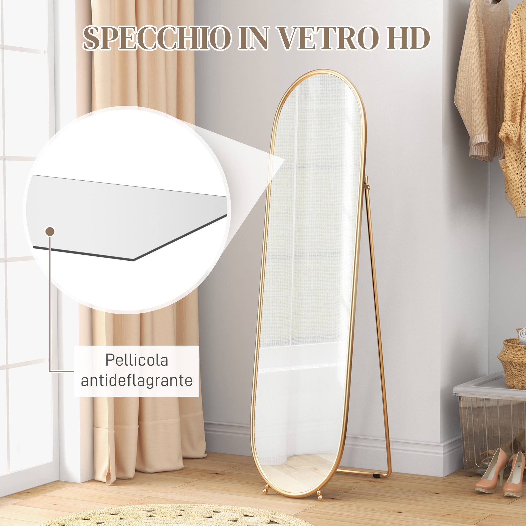 Miroir de sol moderne en pied, or, salon et couloir, pour chambre, MDF et métal, en verre, miroir vertical anti-explosion de 157x36 cm avec cadre - 7