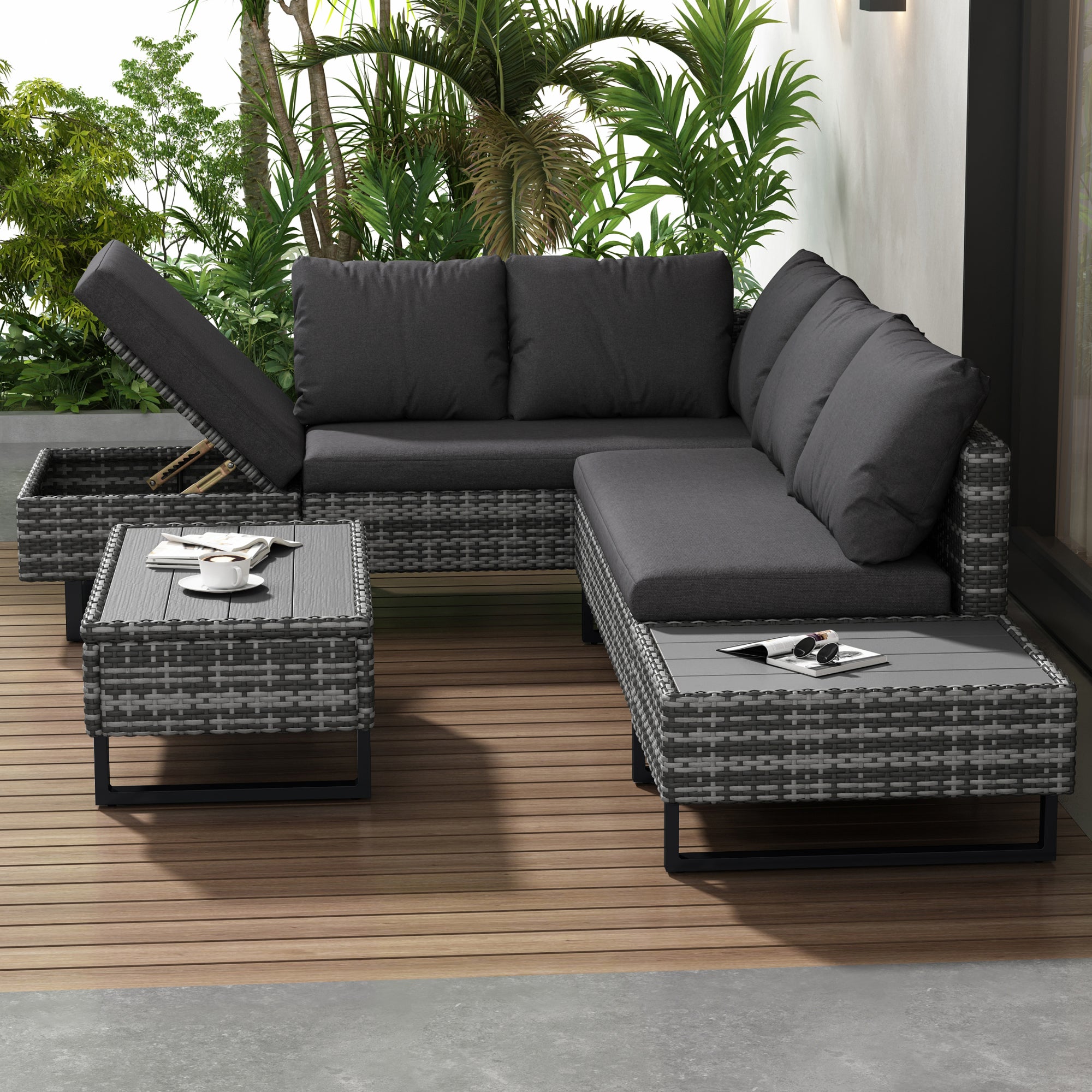Salon de Jardin Exterieur en Rotin, Table de Jardin Exterieur avec Chaise, Canapé de Salon d'angle 4 Places avec Table et Coussins, Gris - 2