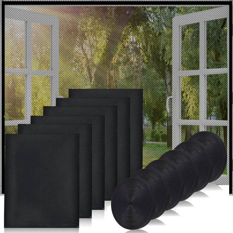 6 sztuk Moskitiera Okienna Ekran, Siatka Przeciw Owadom Moskitiera Okienna z Siatki z 4 Samoprzylepnymi Taśmami 150 x 180 cm (Czarna)