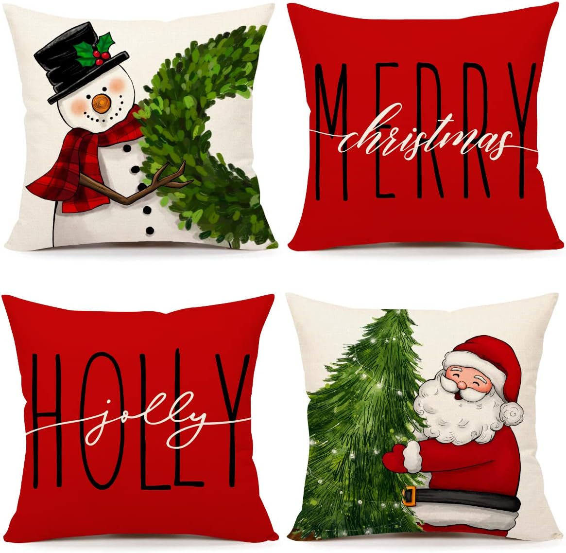 Lot De 4 Housses De Coussin De Noël 30x50 Cm - Motifs Bonhomme De Neige, Père Noël, Festifs, Lavables En Machine