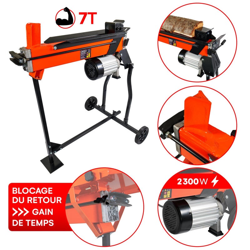 Fendeur de bûche hydraulique 7T horizontal - avec support - Moteur 2300W - Longueur de fendage 52cm - 2 roues - Fendeuse à bois - 2