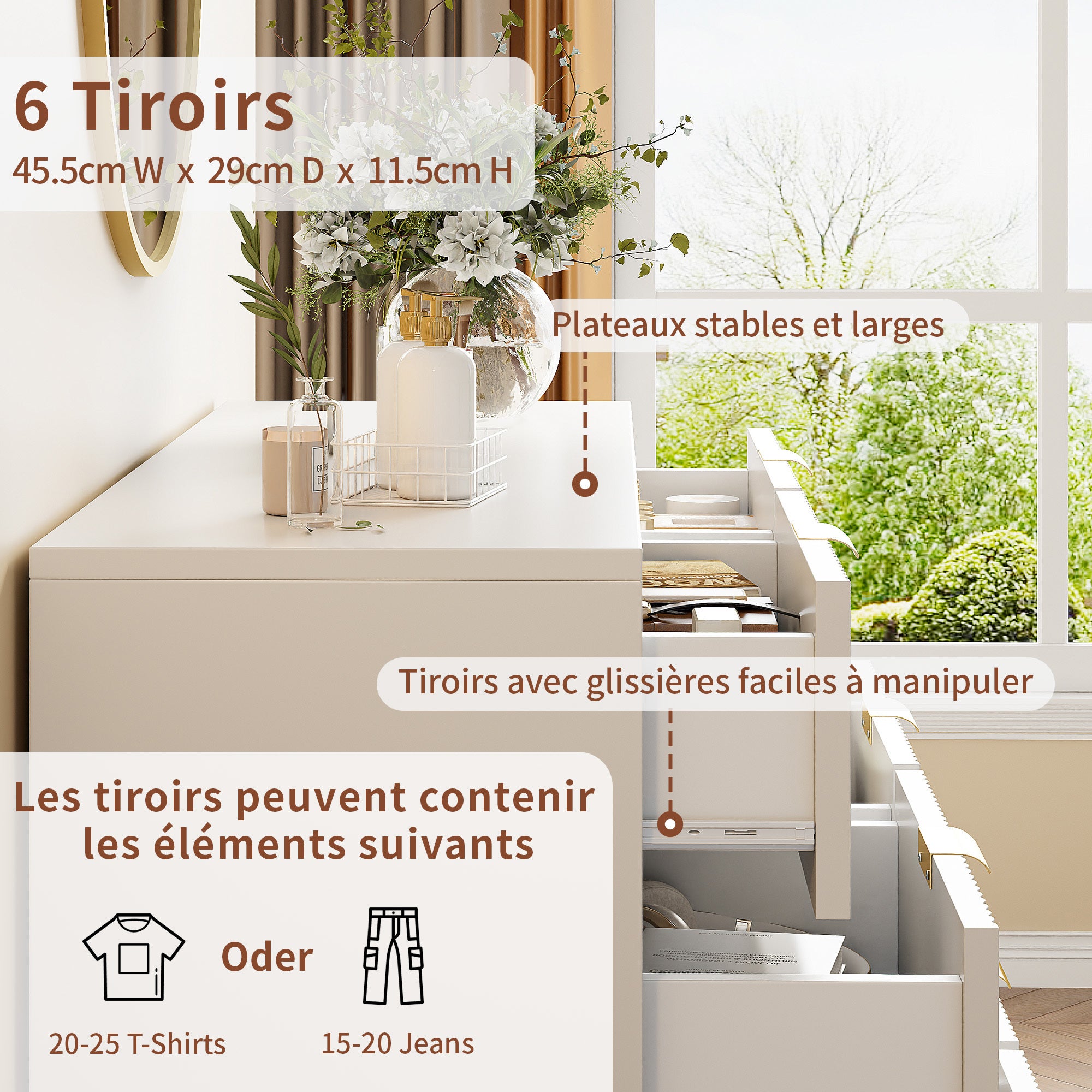 Commode à 6 tiroirs - 100 x 34 x 73 cm - avec poignées et pieds en métal doré - designe moderne armoire- blanc-pour Chambre à Coucher, Salon - 4