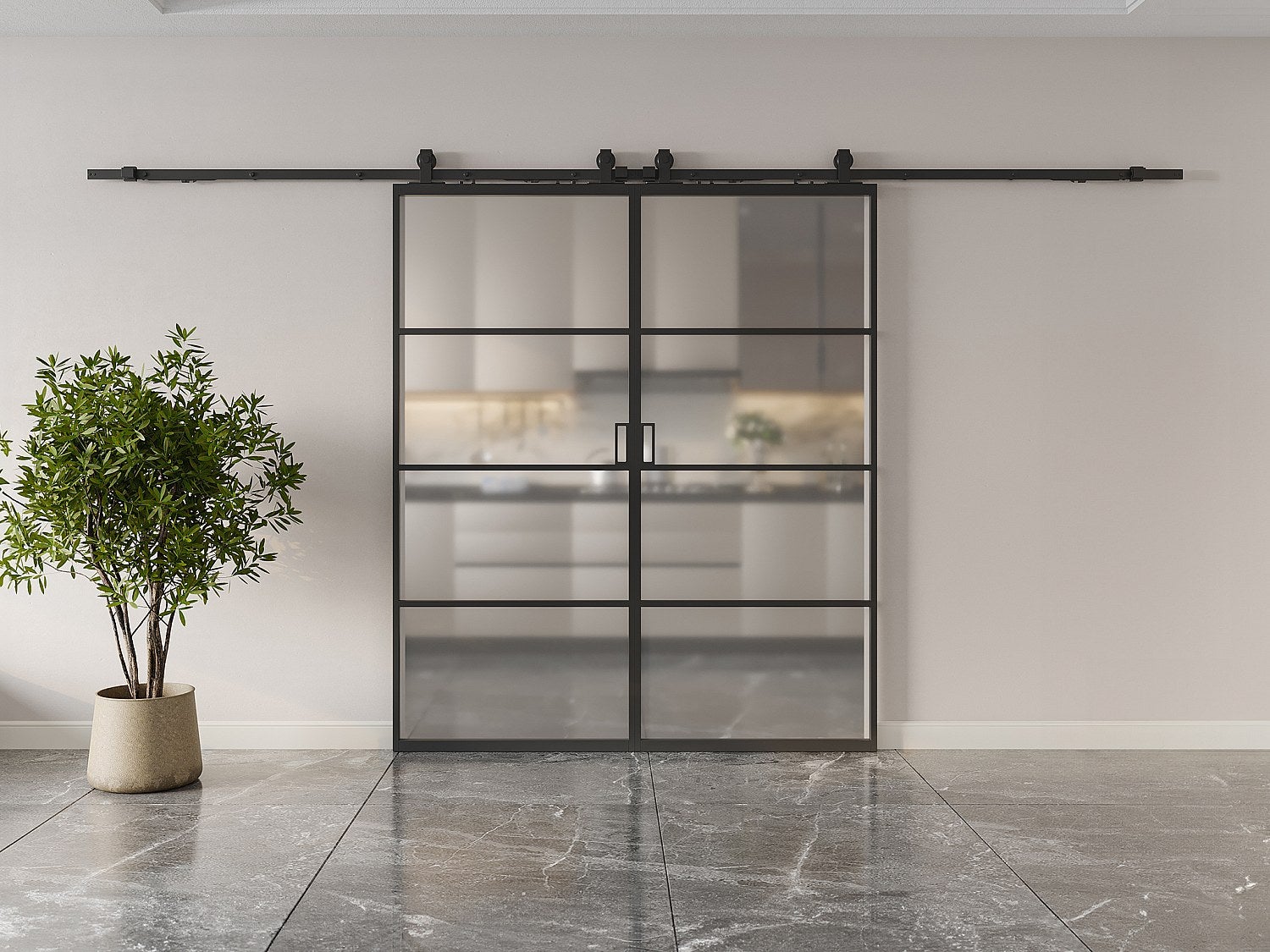 Drzwi przesuwne naścienne podwójne - aluminium i matowe szkło hartowane - 2 x wys. 205 x szer. 83 cm - SINCA II