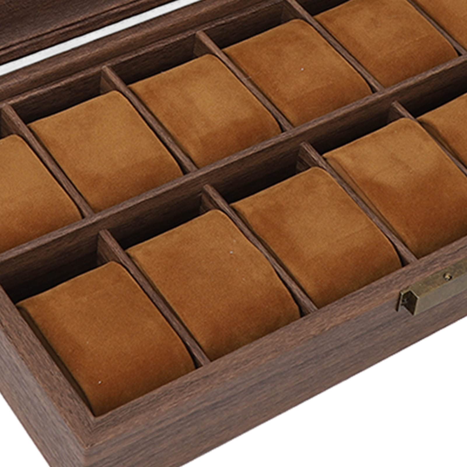 Boîte de rangement pour montres 12 compartiments en grain de bois, étui de rangement de luxe, intérieur en cuir PU ultra lisse - 8