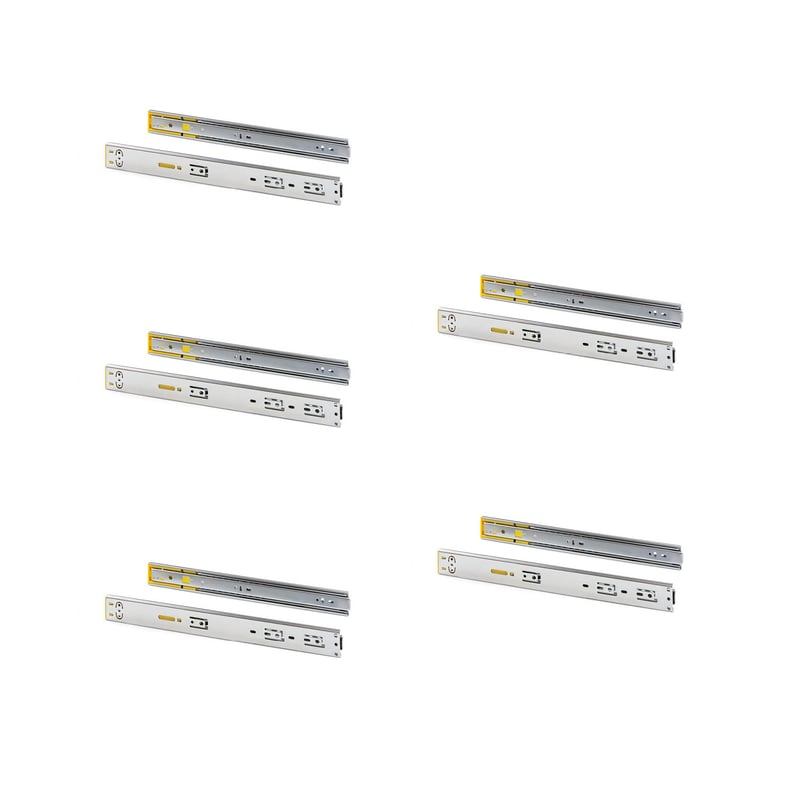 Emuca Pakiet 5 kompletów prowadnic kulkowych, wysokość 45 mm, głębokość 600 mm, pełny wysuw, cichy domyk, push to open, Ocynkowany
