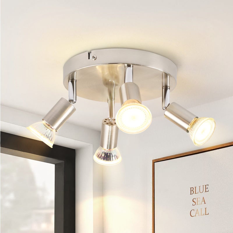 ZMH reflektor sufitowy 4 GU10 z niklowanego metalu regulowany do 350° nowoczesny styl odpowiedni do salonu sypialni korytarza moc maksymalna 4x25W