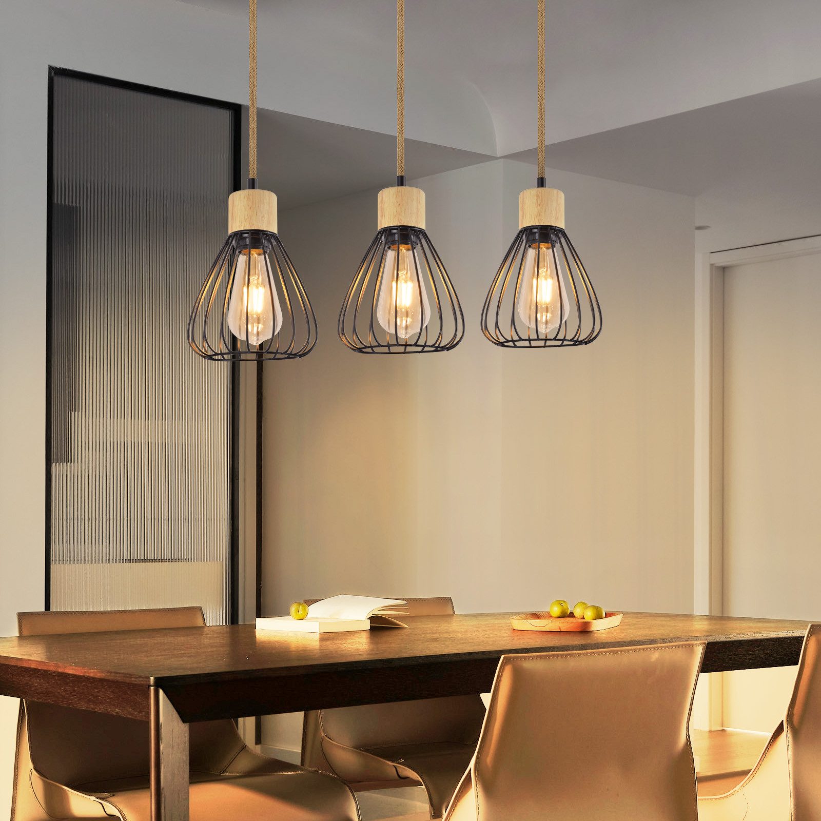 NETTLIFE Lampa wisząca Vintage Industrial Retro Lampa wisząca do salonu z drewna i liny konopnej w czarnym metalu 3 płomienie E27 - 6