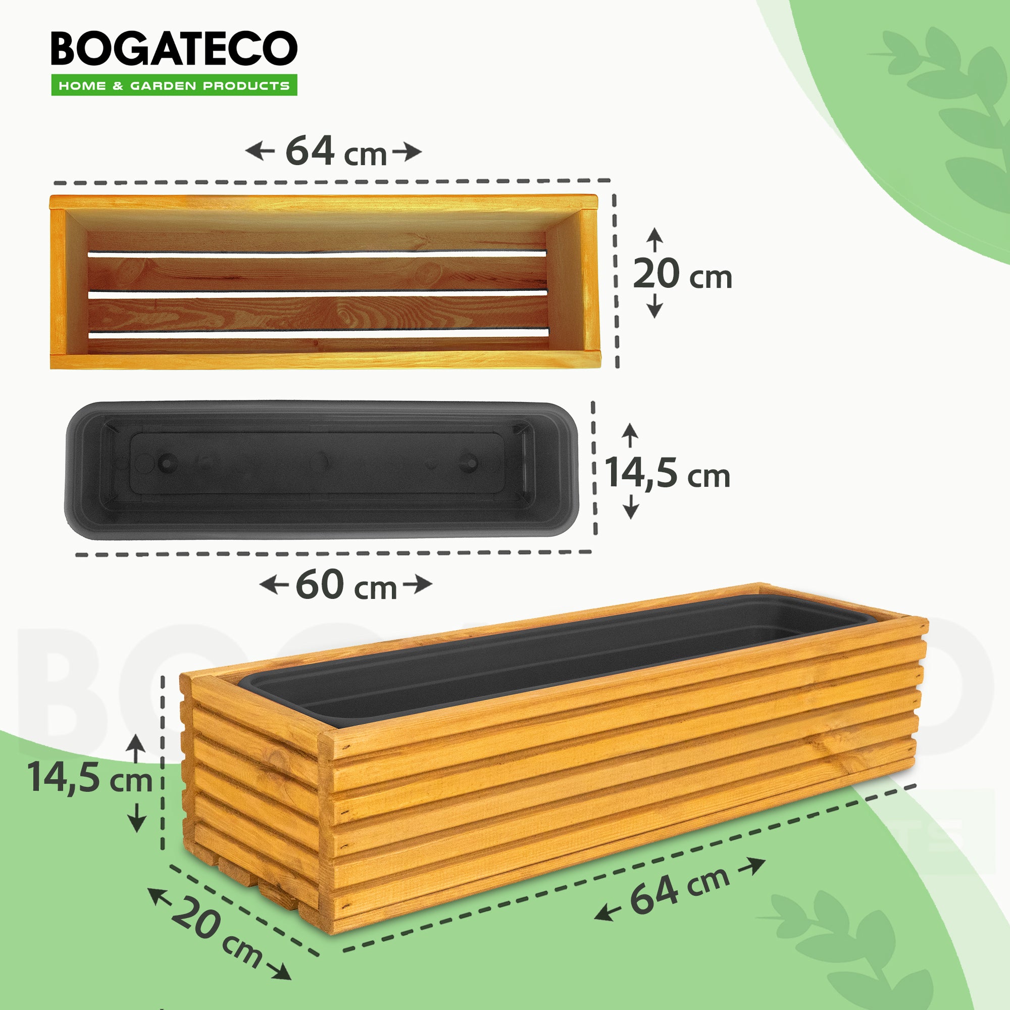 Boîte à fleurs en bois | Boîte à plantes | Pot de fleur 64 x 20 x 14,5 cm | Pot d'herbes | Pot avec insert en plastique | Imperméabilisé | Brun clair - 4