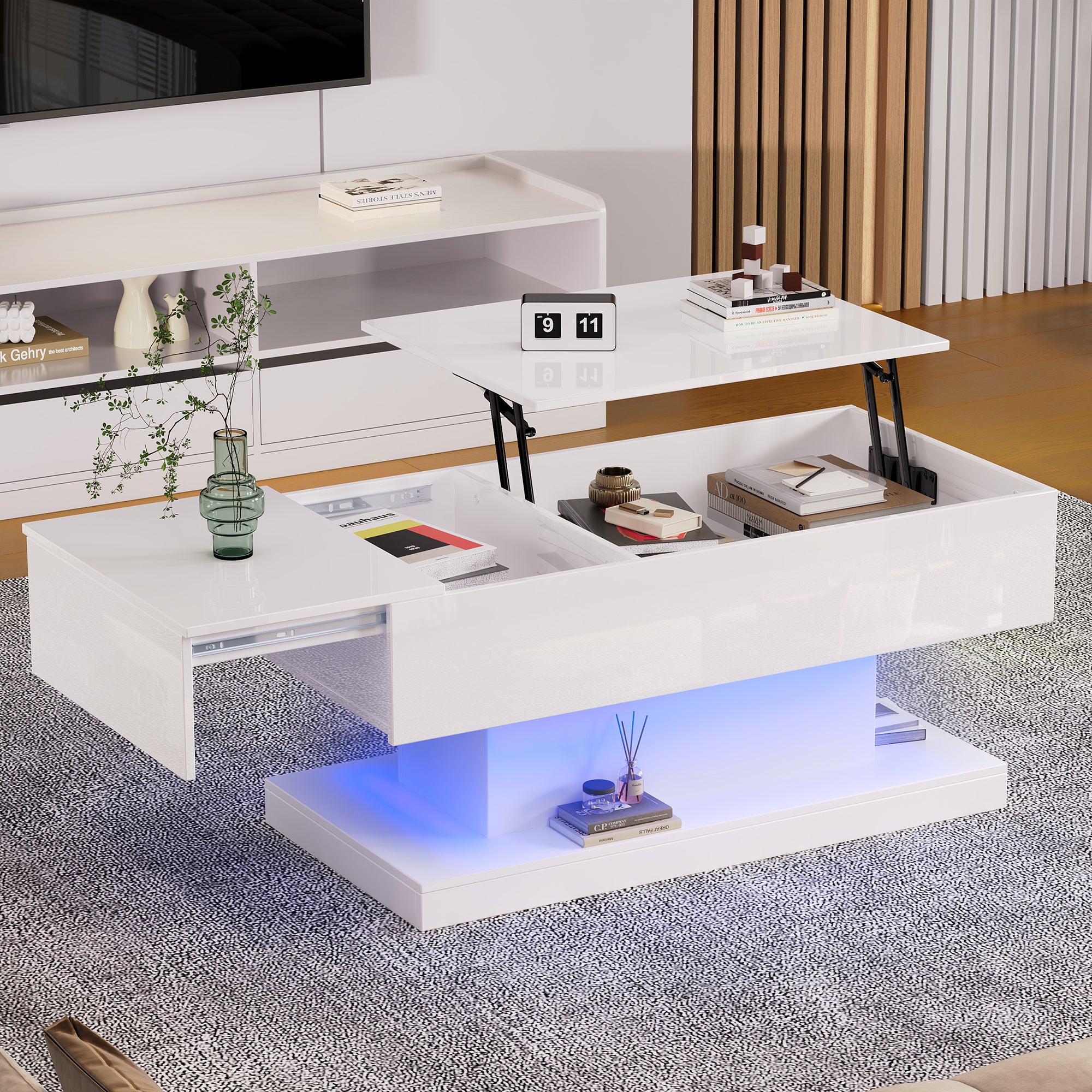 Stolik kawowy z podnoszonym blatem - 100 x 50 x 45 cm - Diody LED - Płyta wiórowa i metal - Biały połysk