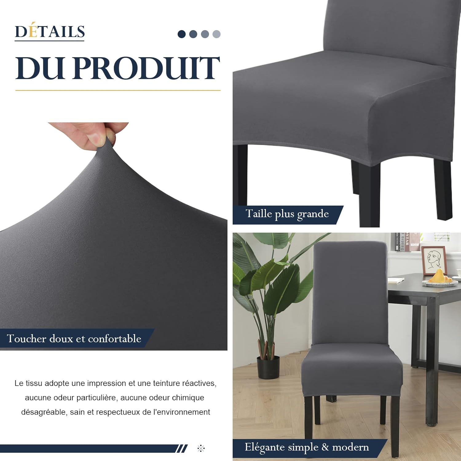 Lot de 6 Housses de Chaise XL Extensible Gris pour Salle à Manger élastique Couverture Chaises Dossier Haut Grande Taille Lavable - 3