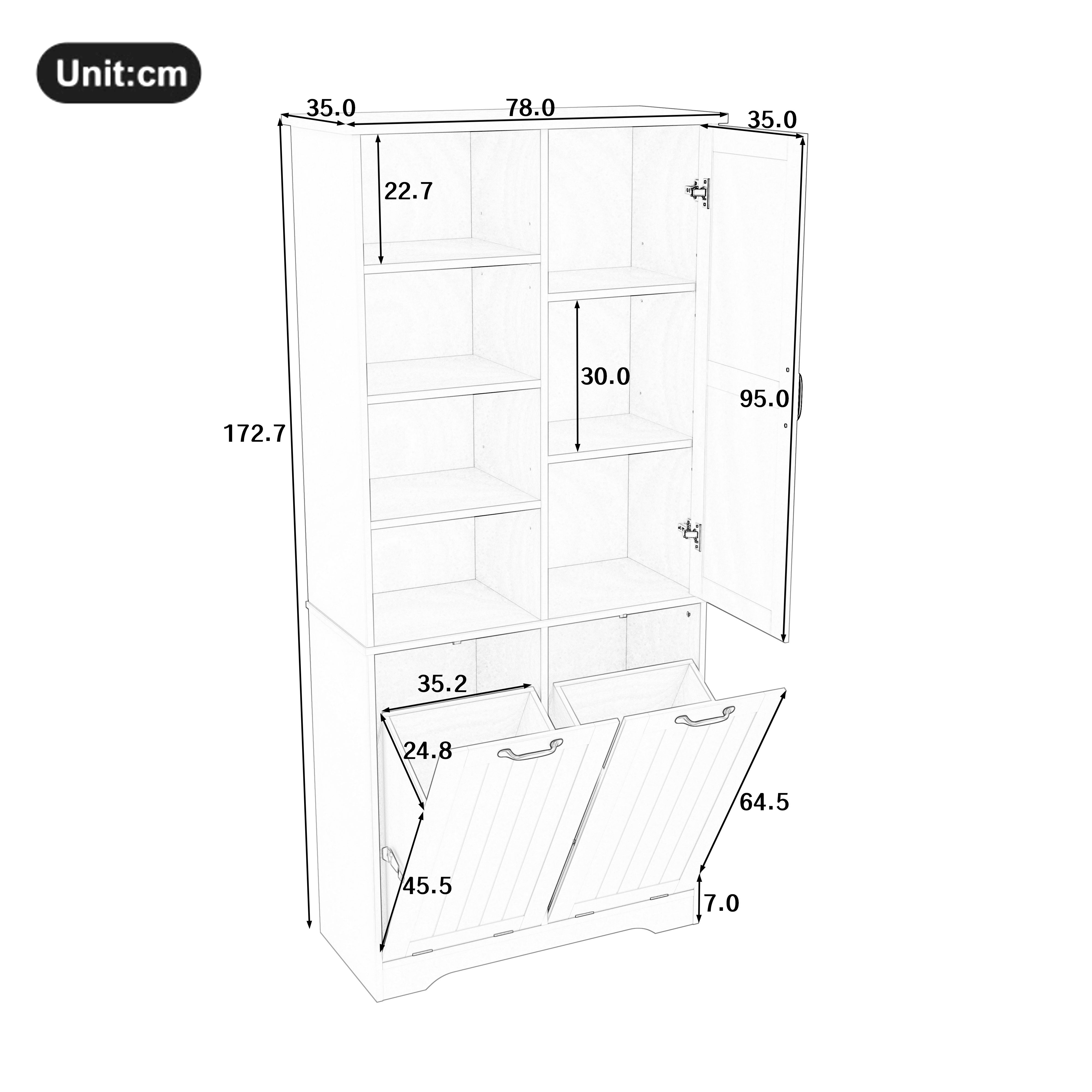 Meuble salle de bain avec 2 panier à linge, Armoire salle de bain avec 4 compartiments ouverts, Meuble colonne MDF Blanc（78x35x172cm） - 8