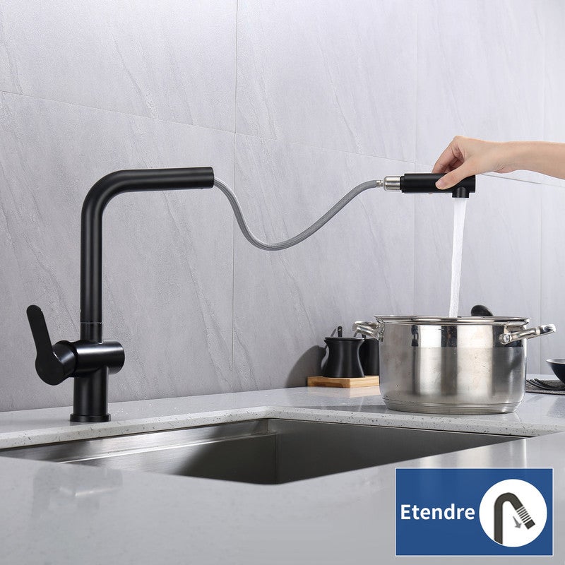 Mezclador de cocina negro con rociador extraíble, grifo rociador