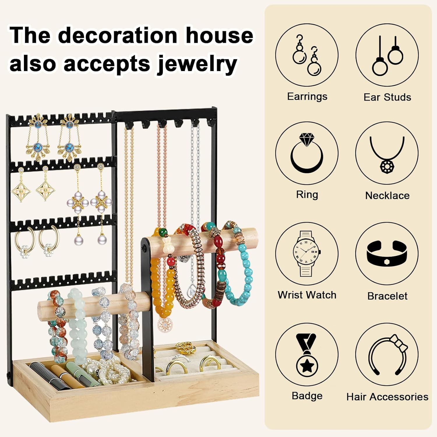 Porte Bijoux Présentoir à Bijoux en Metal et Bois Durable,Porte-Bijoux avec Plateau et Crochets,porte collier,Rangement Bijoux pour Chaînes - 2