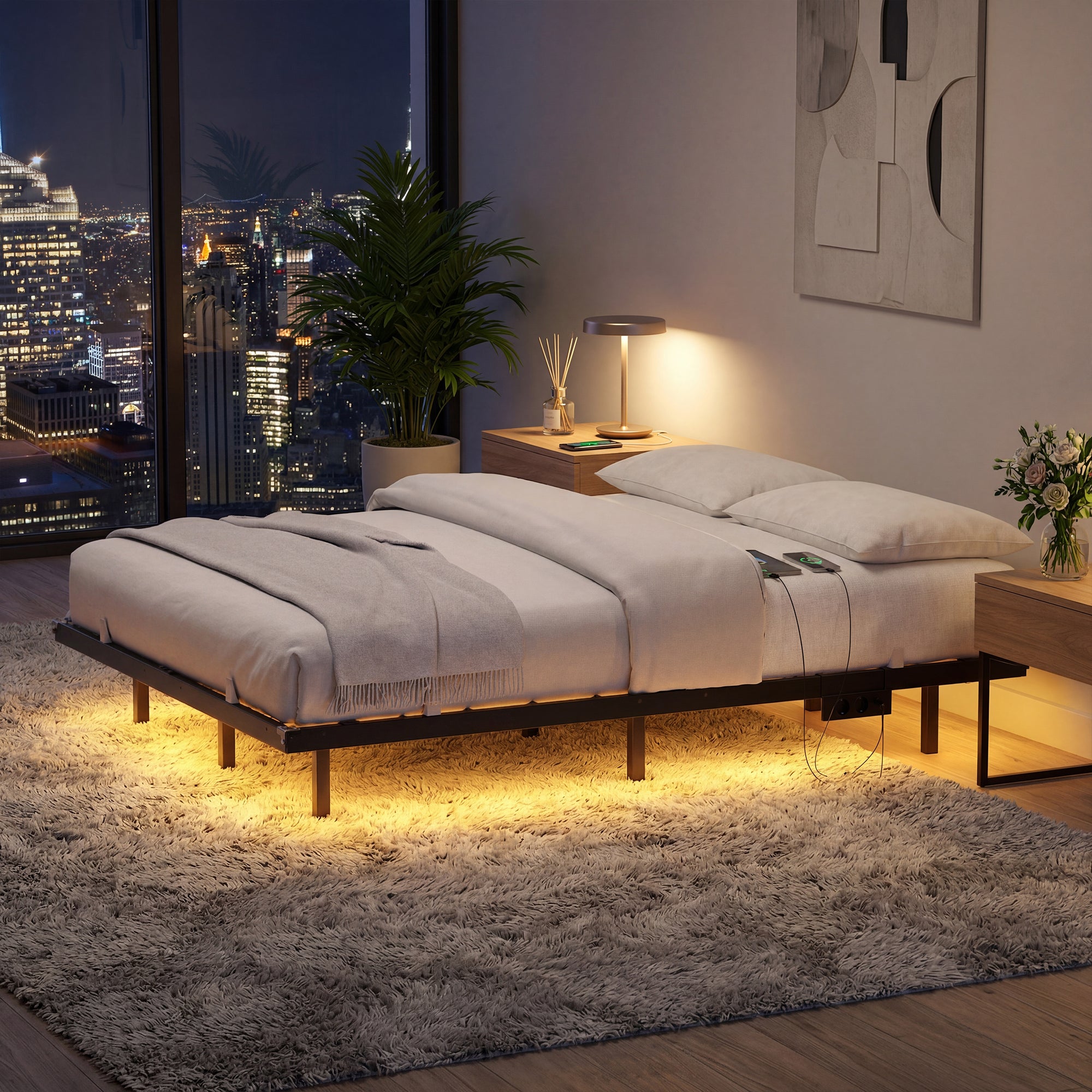 Lit Flottant 140 x 190 cm avec LED, Ports USB et Prises CA, pour Chambre, Capacité 500 kg, Noir - 2