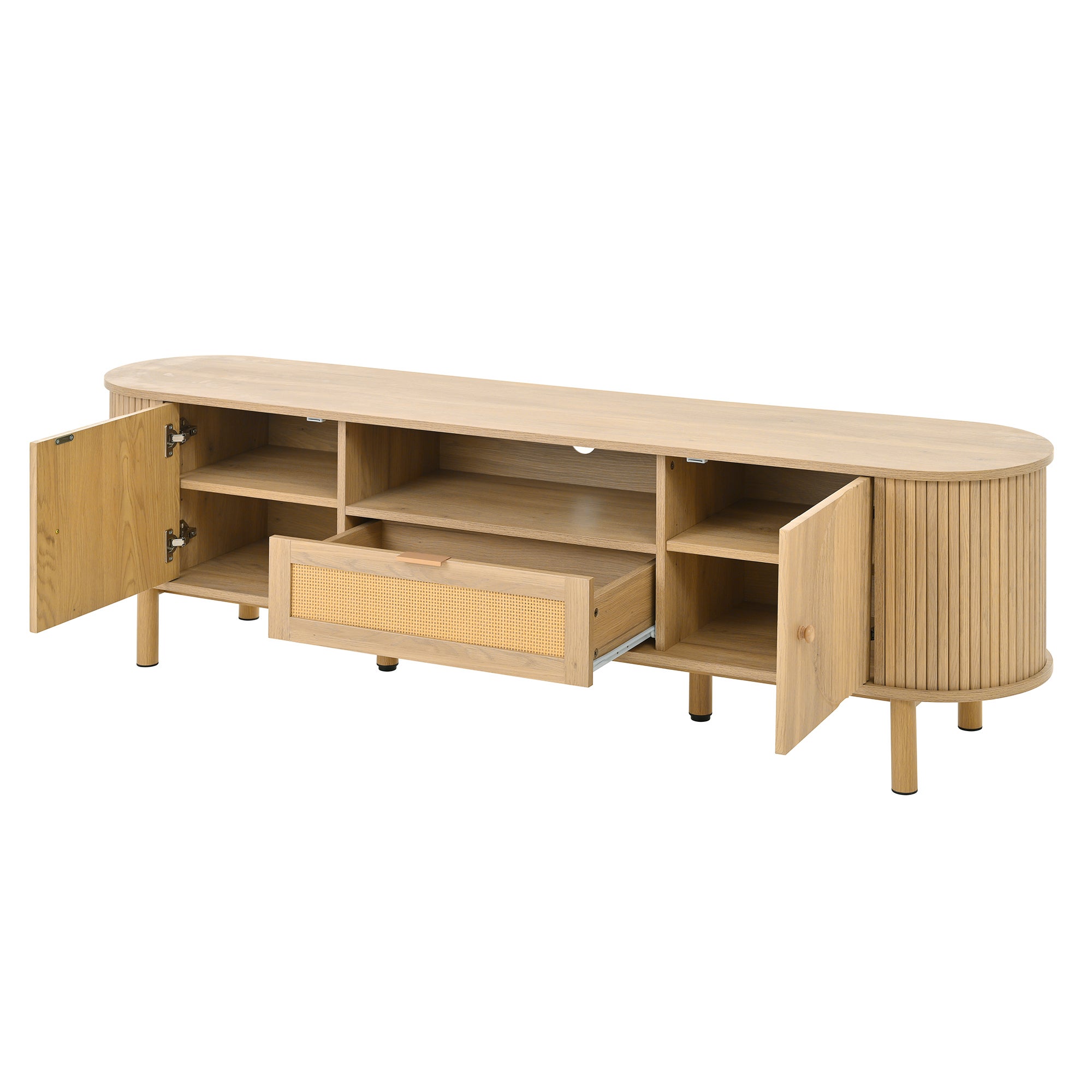 Meuble TV bas 175x36x51 cm couleur boir, Meuble tele avec tiroirs et pieds métal, Plateau arrondi et 5 rangements - 4