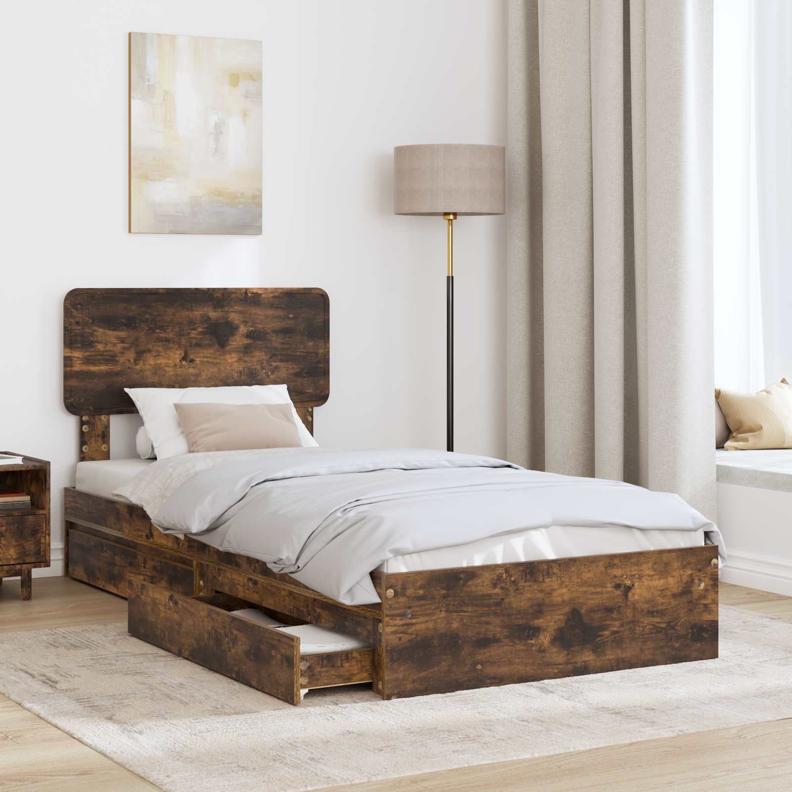 Lit de rangement chêne fumé 90 x 190 cm panneau de bois - 3