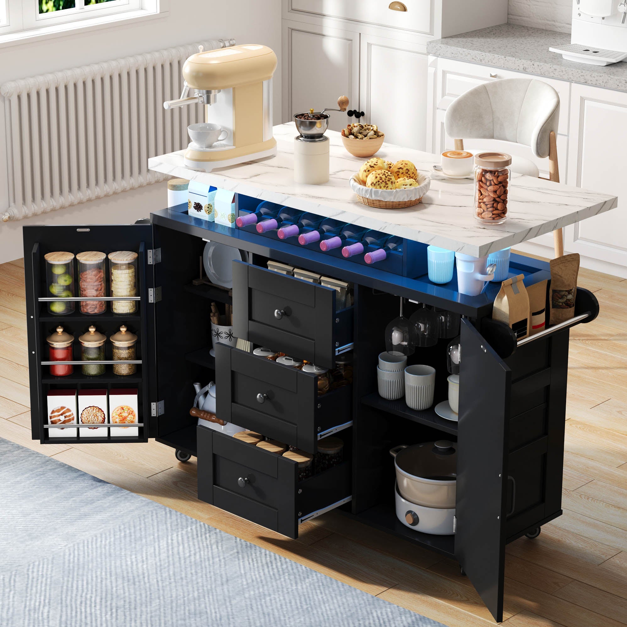 Mobilna wyspa kuchenna z 2 drzwiami i 3 szufladami - 182 x 40 x 75 cm - Płyta MDF - Blat imitujący marmur - Diody LED - Czarny