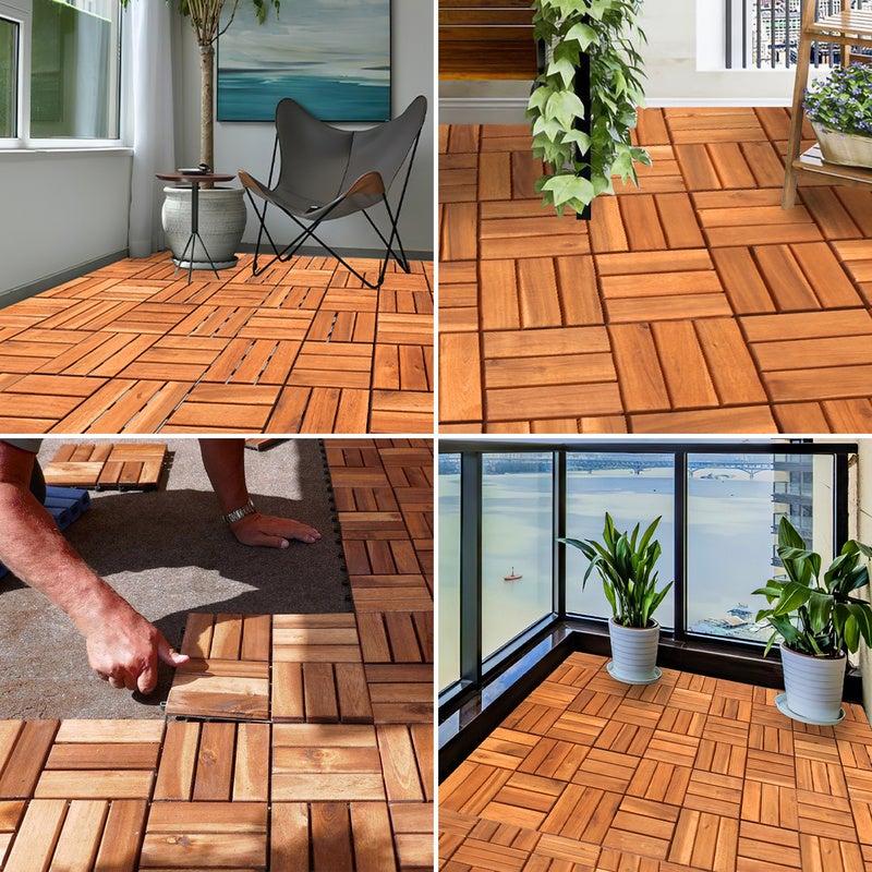 22x Dalles de terrasse en bois d'acacia pour 2m² - 6 lames - système de clips - terrasse/ jardin extérieur - 9