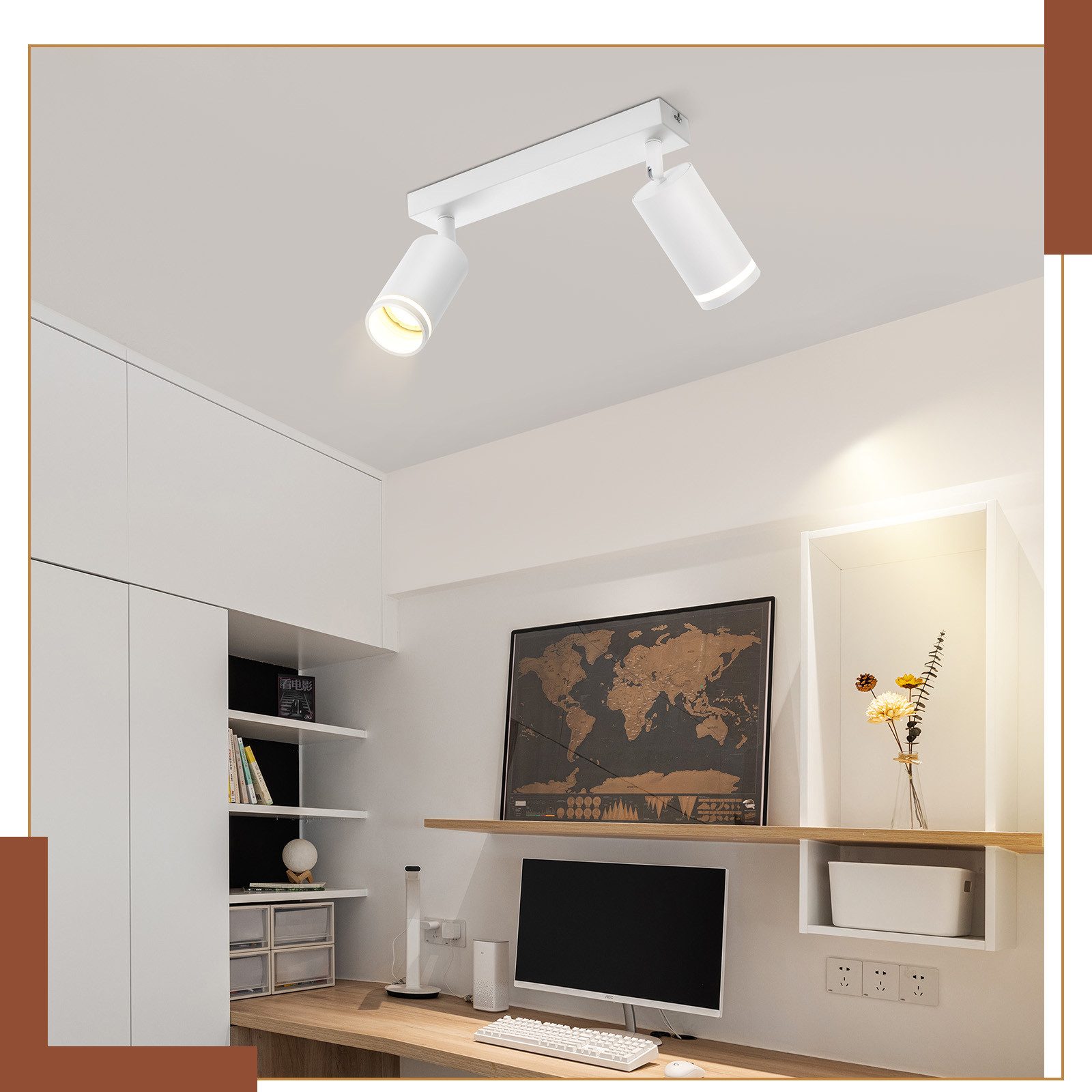 NETTLIFE Plafonnier LED 2 flamme - Blanc Plafonnier GU10 Spot pivotant Applique murale en bois Spot mural pour salon chambre Sans ampoule - 6