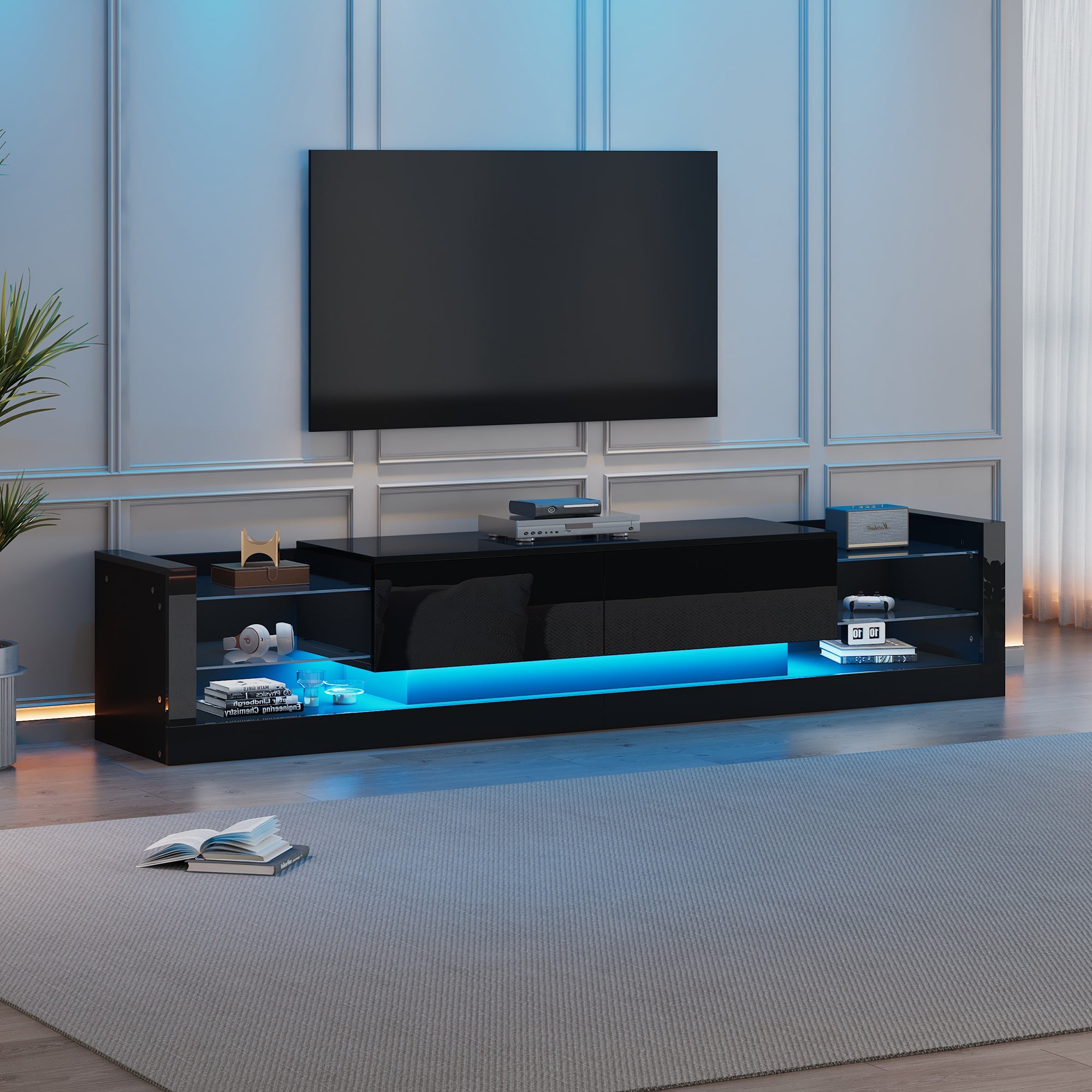 Szafka RTV z 2 składanymi szufladami - 181 x 38 x 38 cm - Diody LED - Płyta wiórowa - Czarny połysk
