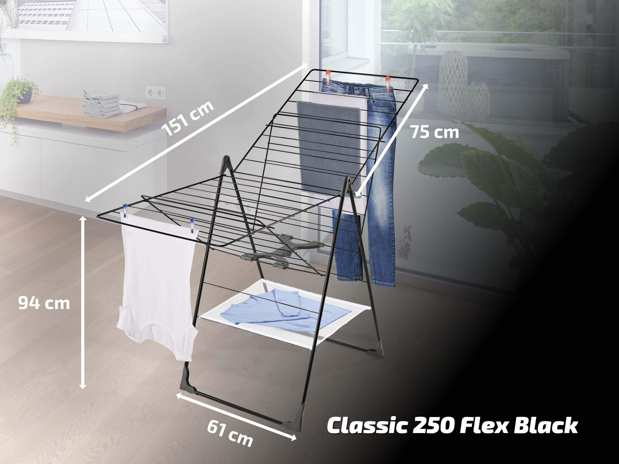 Leifheit étendoir à linge Classic 250 Flex Black 81472, séchoir à linge stable 25m d'étendage, hauteur réglable, noir - 6