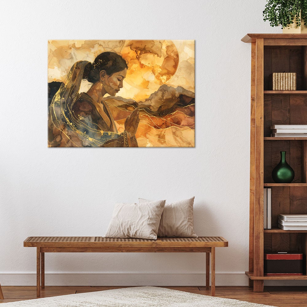 Obraz do salonu sypialni, Mistyczna Złota Abstrakcyjna Sylwetka Kobiety Stylu Boho w Akwareli 90x60 - 2