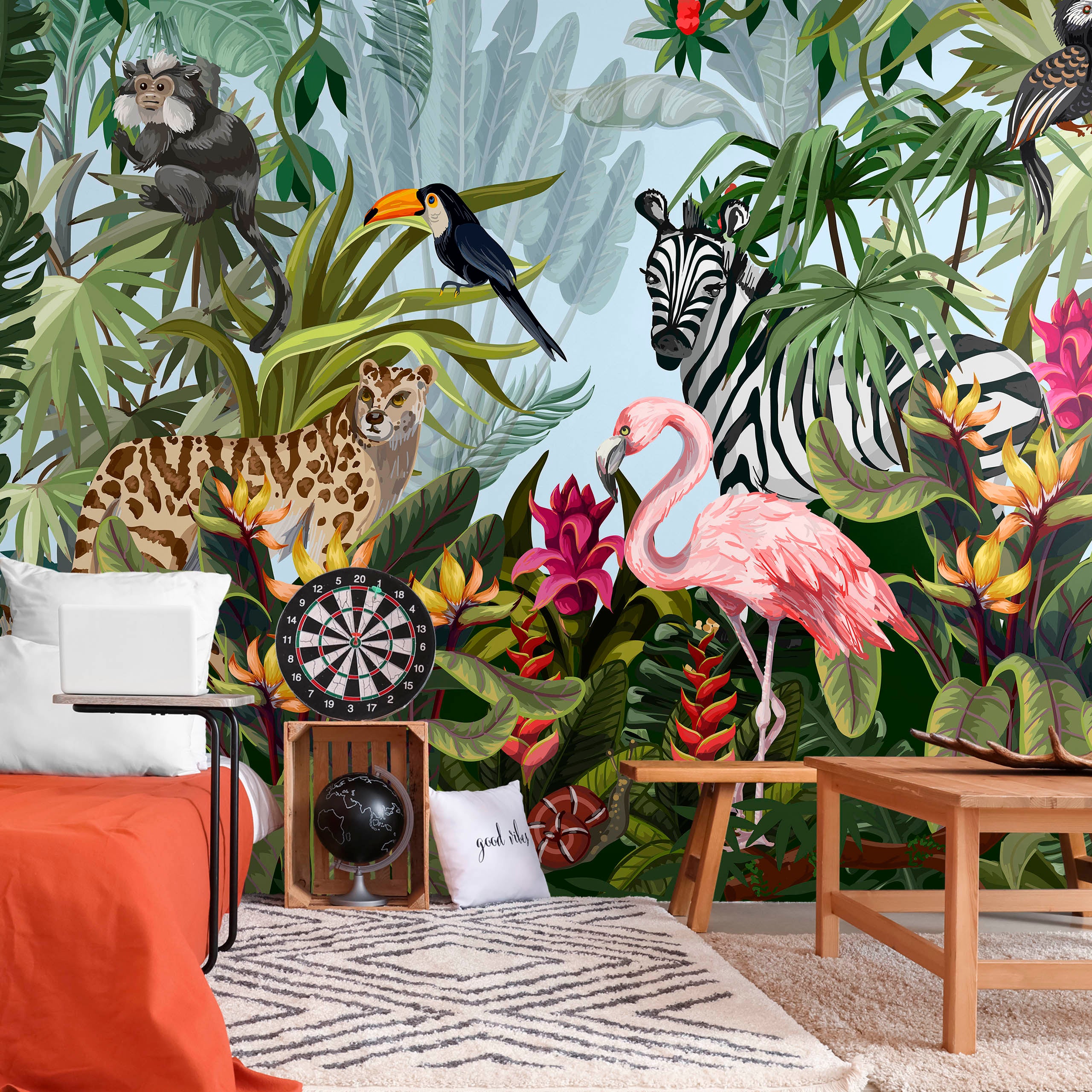 Papier Peint Panoramique Intissé ANIMAUX SAUVAGES Plantes Tropicales Fleurs Feuilles 180 cm x 120 cm - Colle Inclus - Pour Chambre Enfants - 6