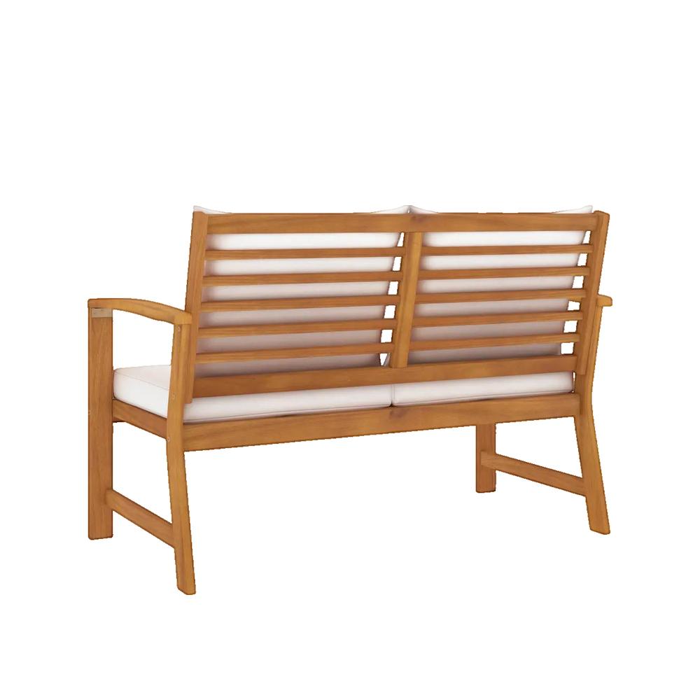 Ławka ogrodowa vidaXL 120 cm lite drewno akacjowe z kremowymi poduszkami