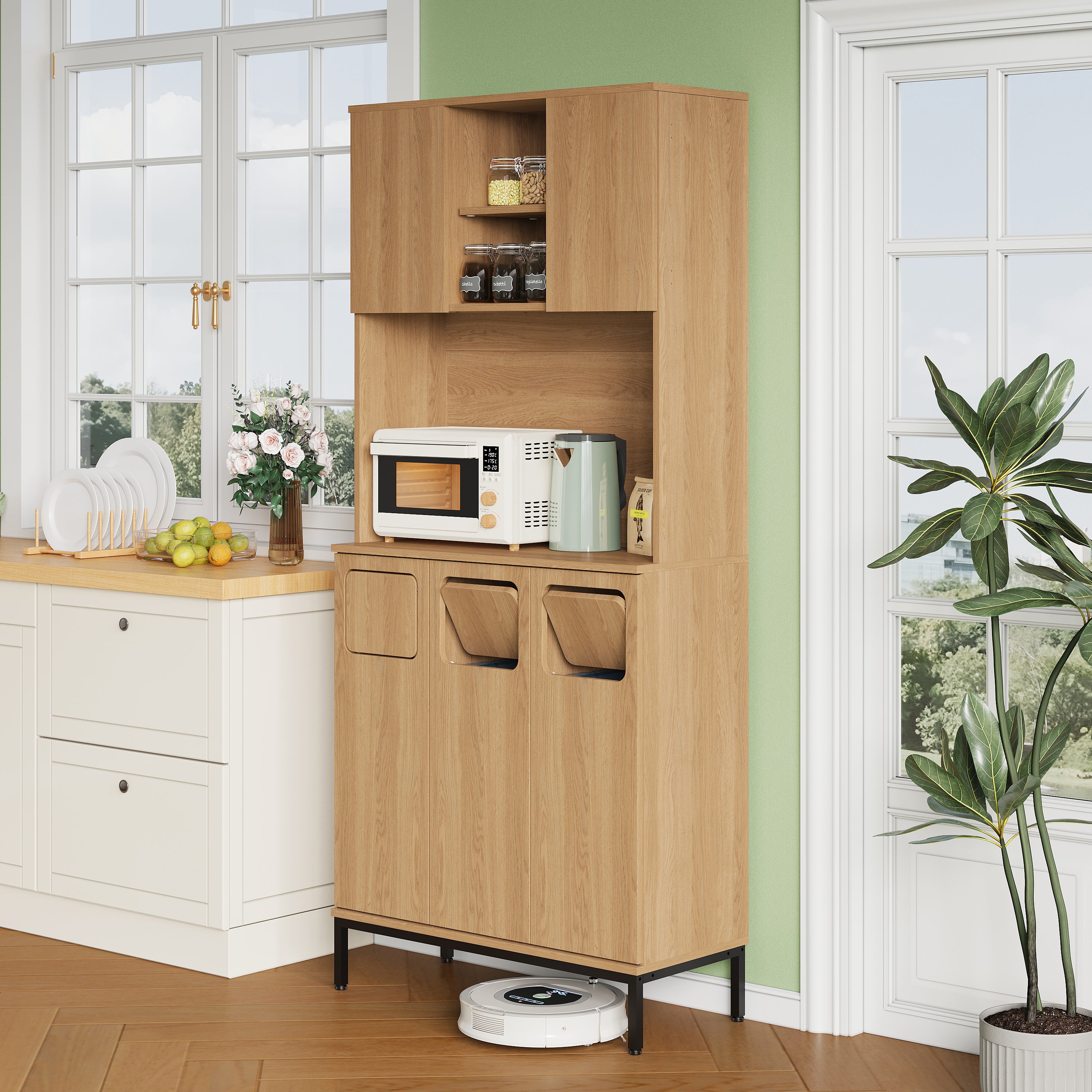 Armoire poubelles cuisine 3 portes tri sélectif hauteur 181 cm aspect chêne 3 compartiments micro-ondes aspirateur 80x35x181 cm - 2