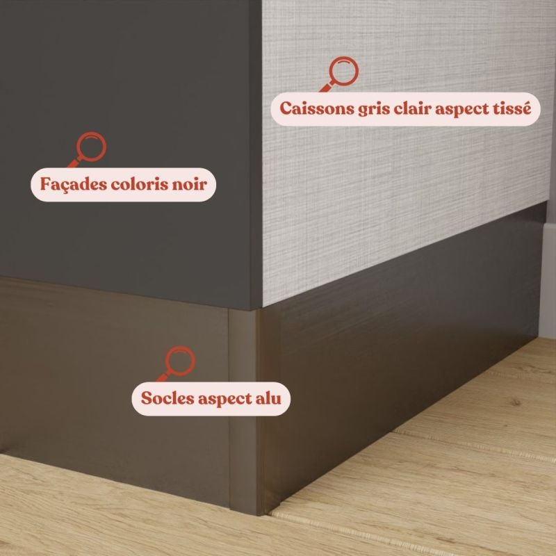 Kitchenette K02L-PT - 120 cm avec plan de travail et évier - Façade Noir - Plan Bois - Evier Inox - Crédences Non - 5