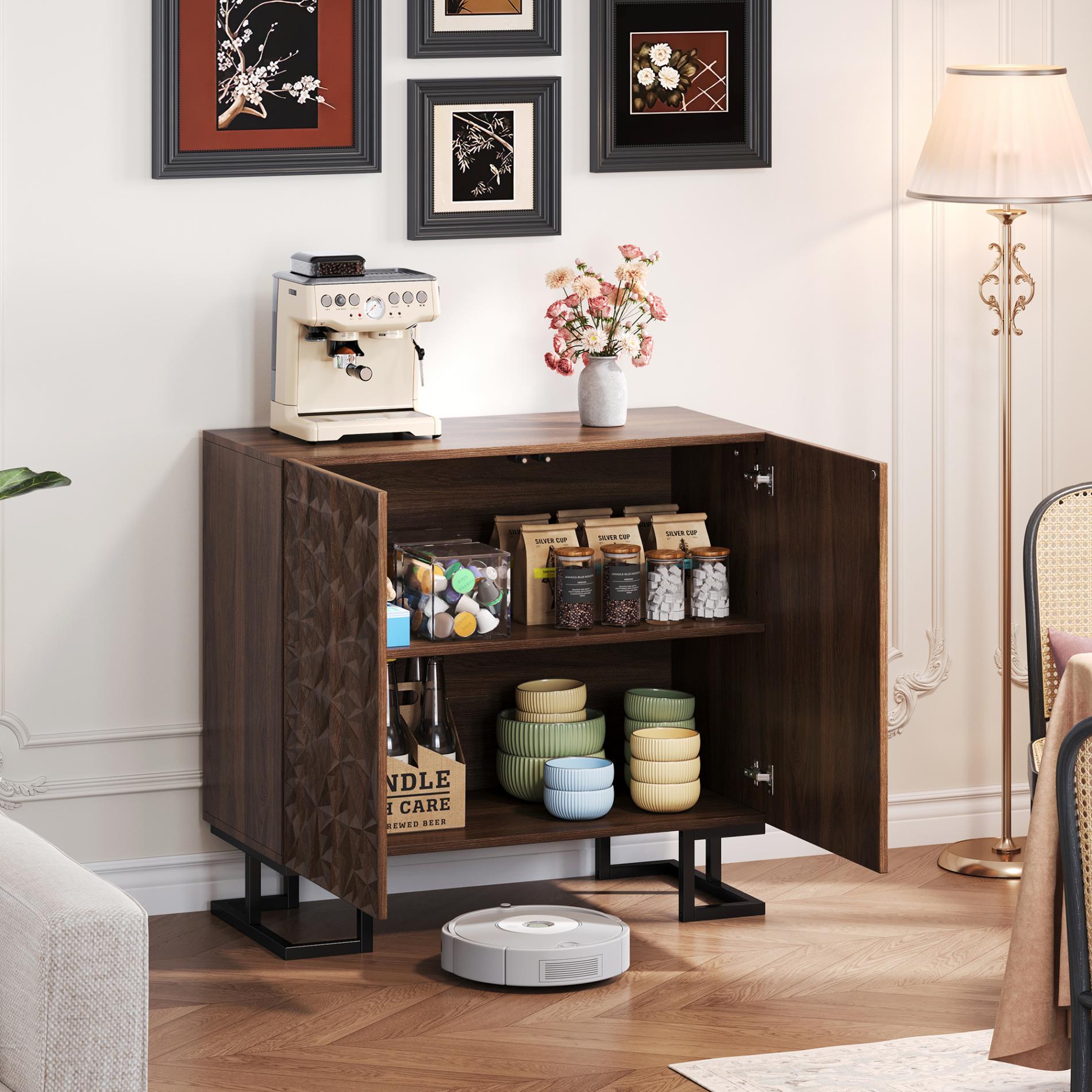 Credenza moderna 'Blattpoesie' 80x40x78 cm Noce scuro, gambe in metallo, rilievo delle ante, apertura a pressione - 5