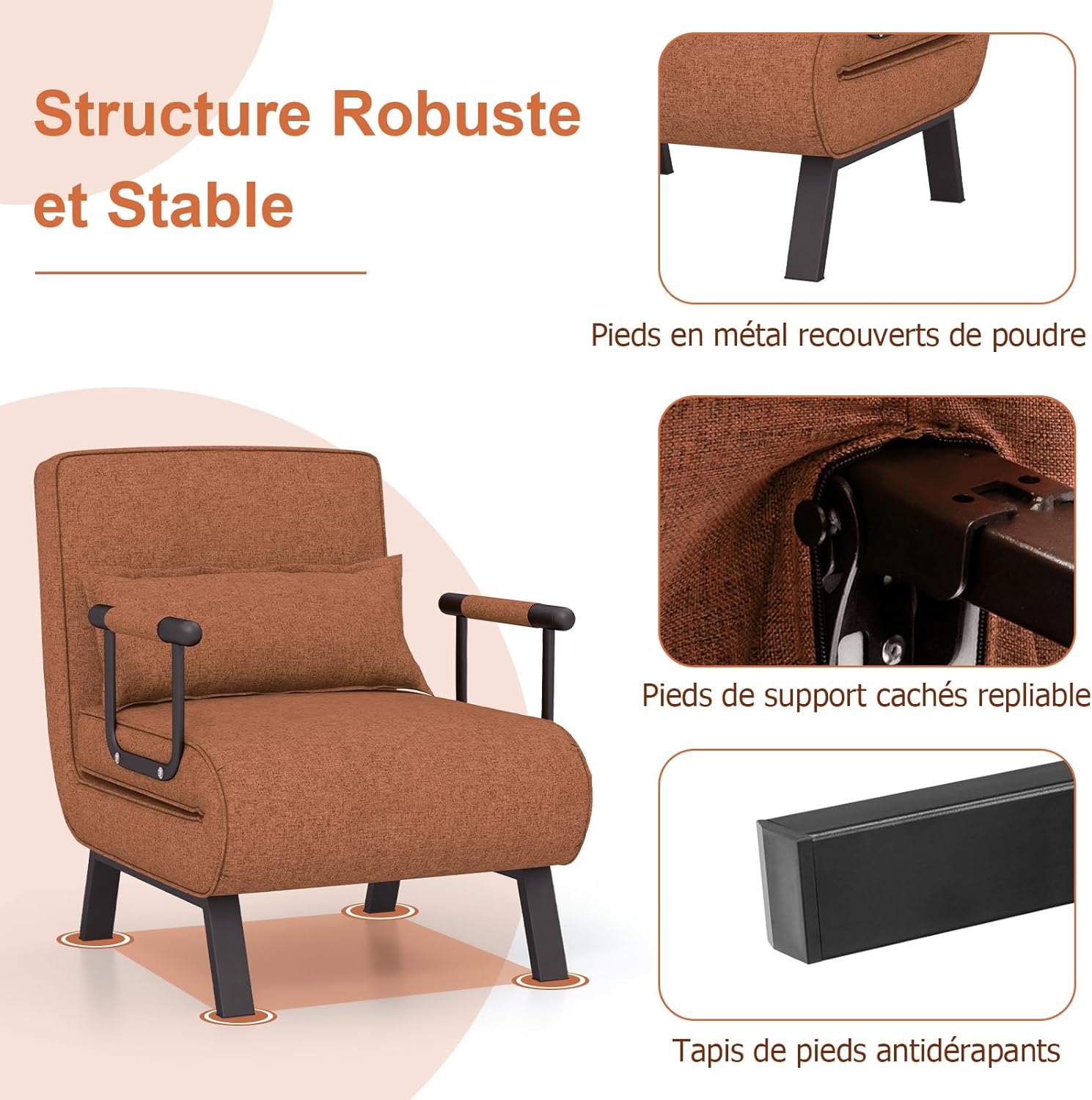 Canapé-lit Convertible, Fauteuil Convertible Lit 1 Place, avec Dossier Réglable en 6 Positions, Oreiller Amovible, Marron - 7