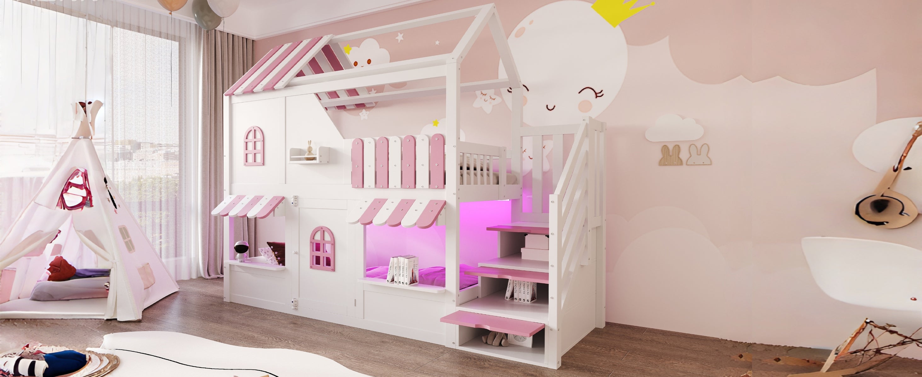 Lit superposé 90 x 200 cm avec fenêtres, toit, auvent, rambarde et porte - Pin + contreplaqué + MDF - LEDs - Rose + blanc (Sans matelas) - 8