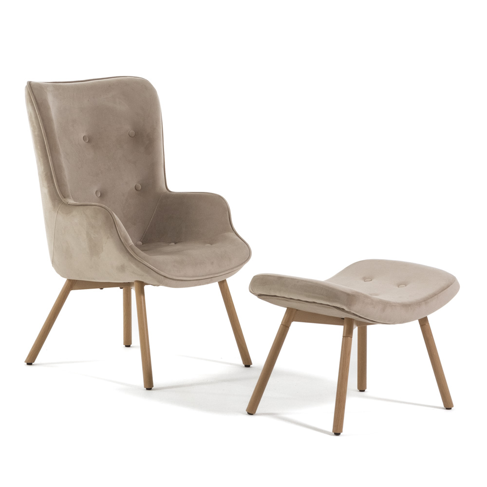 Sillón con reposapiés para lectura, sala de estar, entrada o dormitorio de terciopelo color beige con patas de metal efecto madera sissi