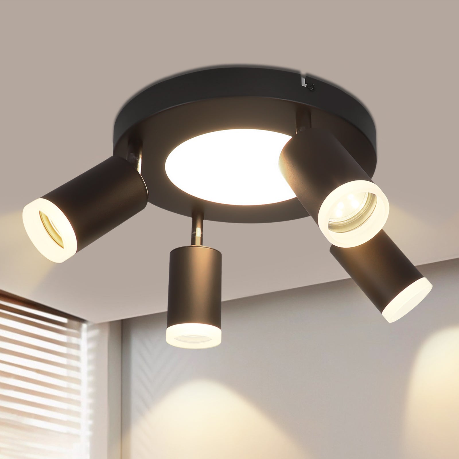 ZMH Reflektor sufitowy z 4 żarówkami GU10 20W, 3000K, czarny, obrotowy, metalowa rama o kącie obrotu 350°
