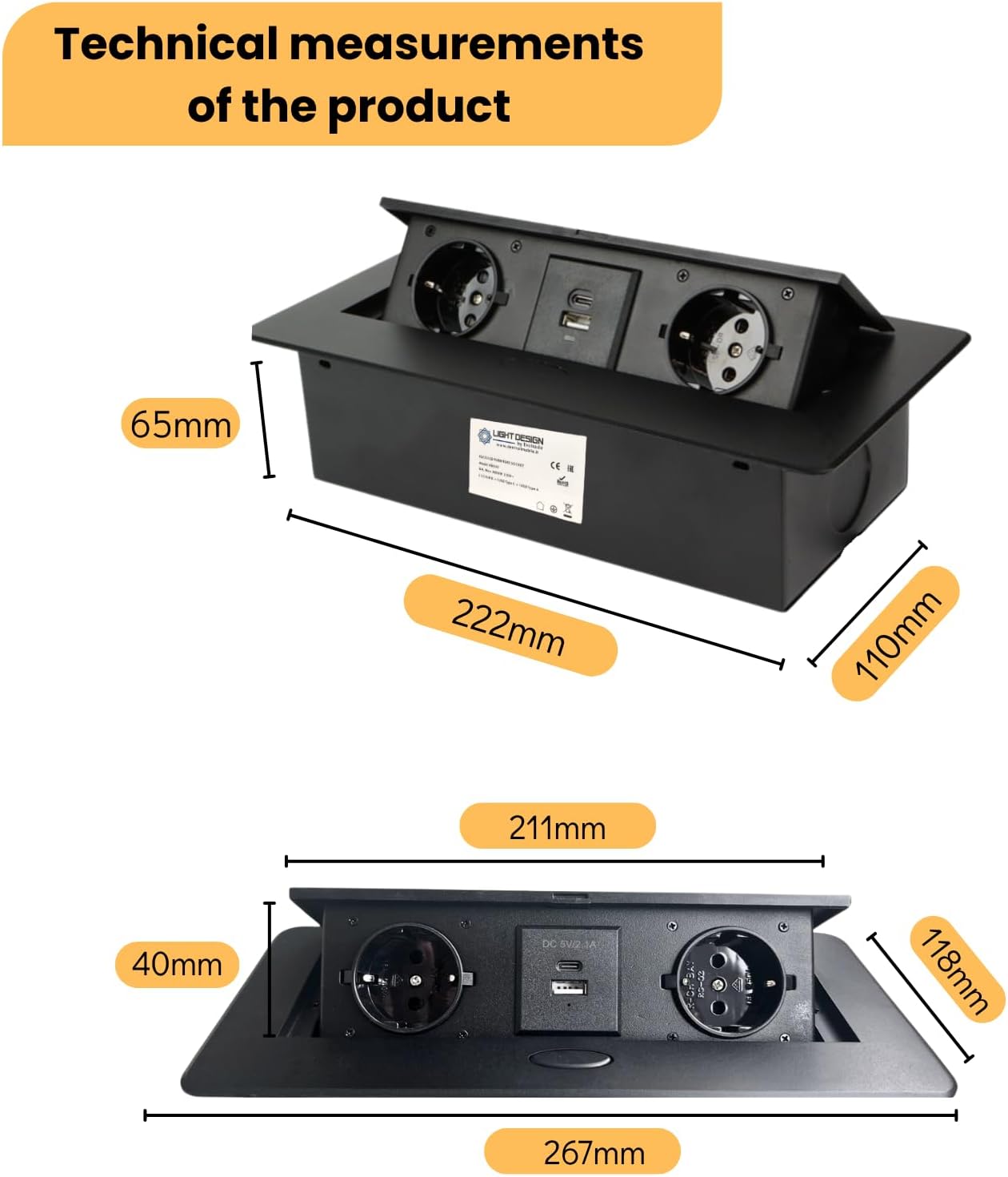 Multiprise Encastrable Escamotable avec 2 Prises SCHUKO + 2 Prises USB (A+C), Câble de 1,5 m – Pour Bureau et Table (Couleur Noir) - 2